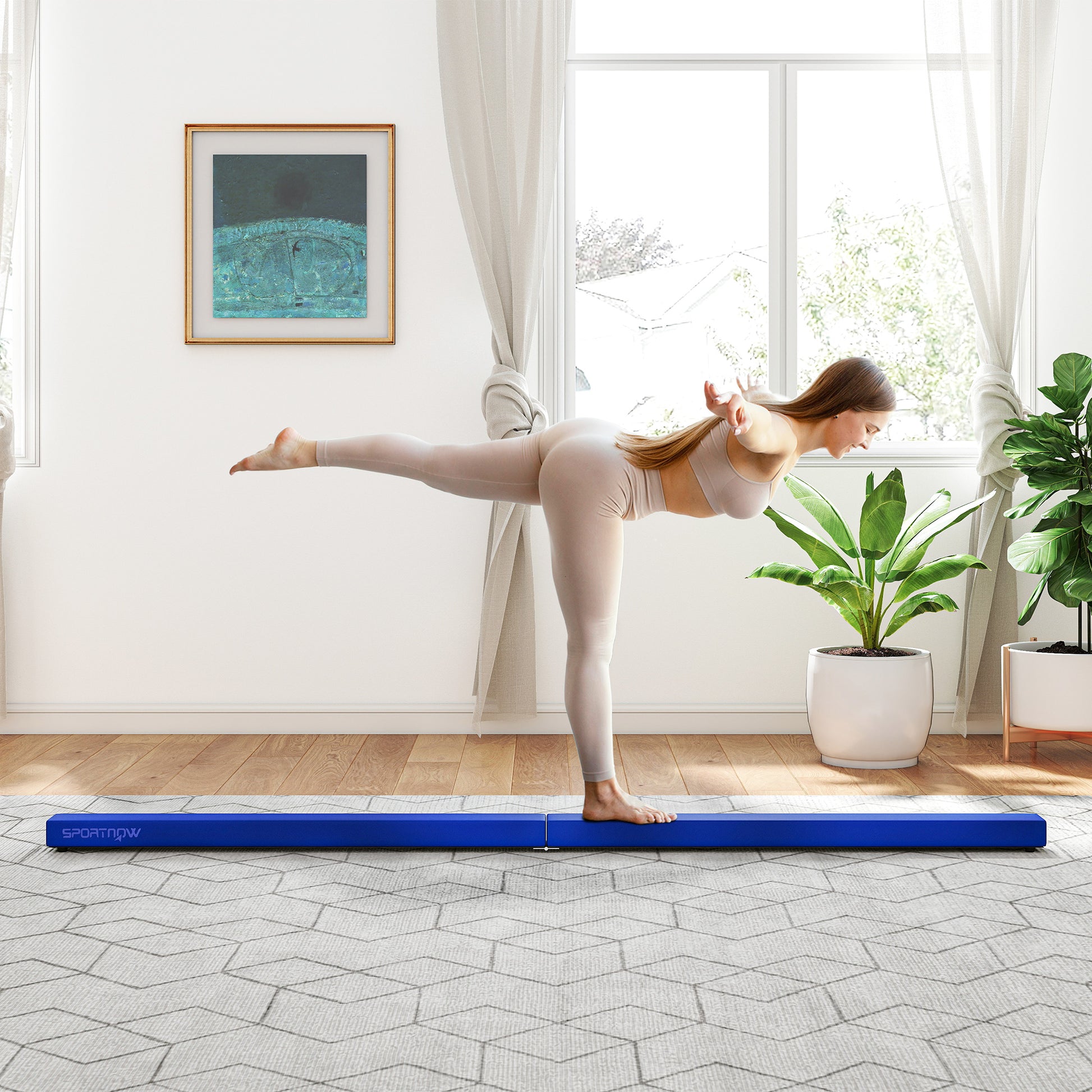 SPORTNOW Folding Gymnastics Beam 240 cm in Velvet, Balance Beam with Non-Slip Base, Gymnastics Training Equipment for Kids and Adults, Blue