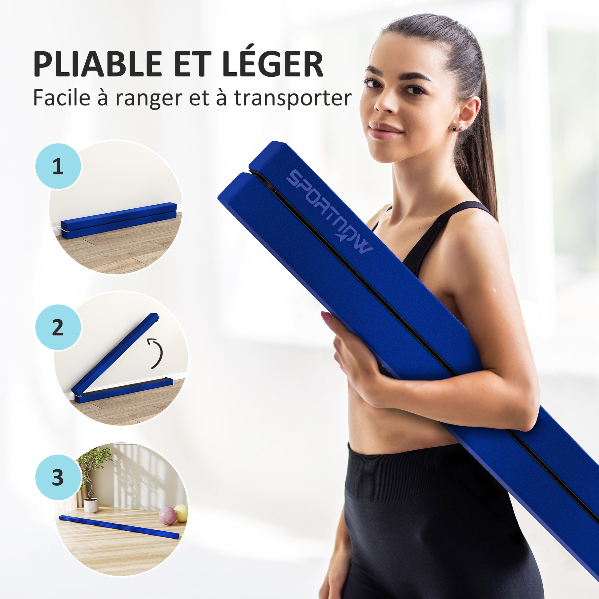 SPORTNOW Folding Gymnastics Beam 240 cm in Velvet, Balance Beam with Non-Slip Base, Gymnastics Training Equipment for Kids and Adults, Blue
