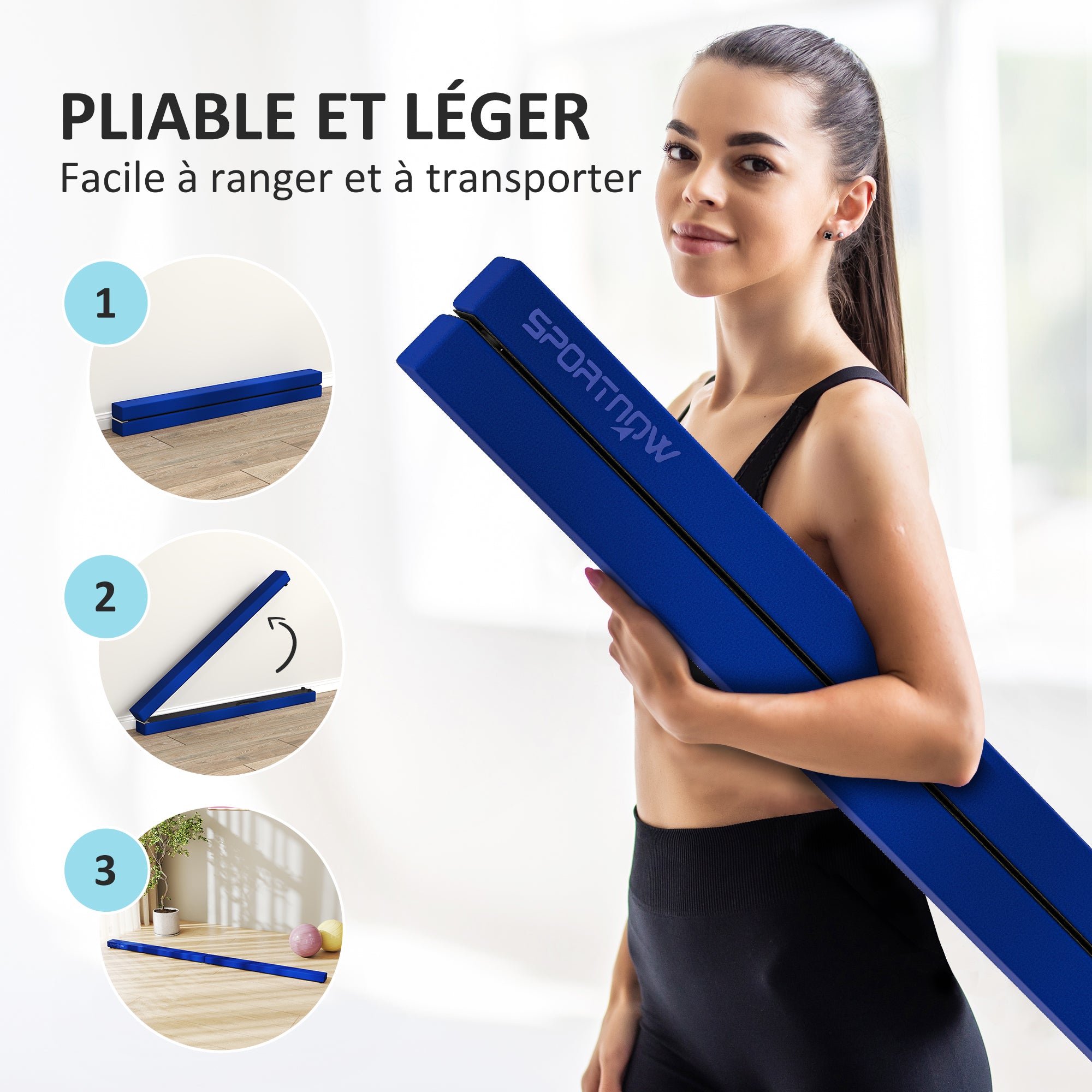 SPORTNOW Folding Gymnastics Beam 240 cm in Velvet, Balance Beam with Non-Slip Base, Gymnastics Training Equipment for Kids and Adults, Blue