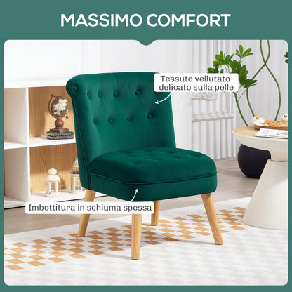 Living Room and Dining Room Armchair with Upholstered Seat, Bedroom Armchair with Wooden Legs and Velvet Effect Fabric, 60x66x79 cm, Green