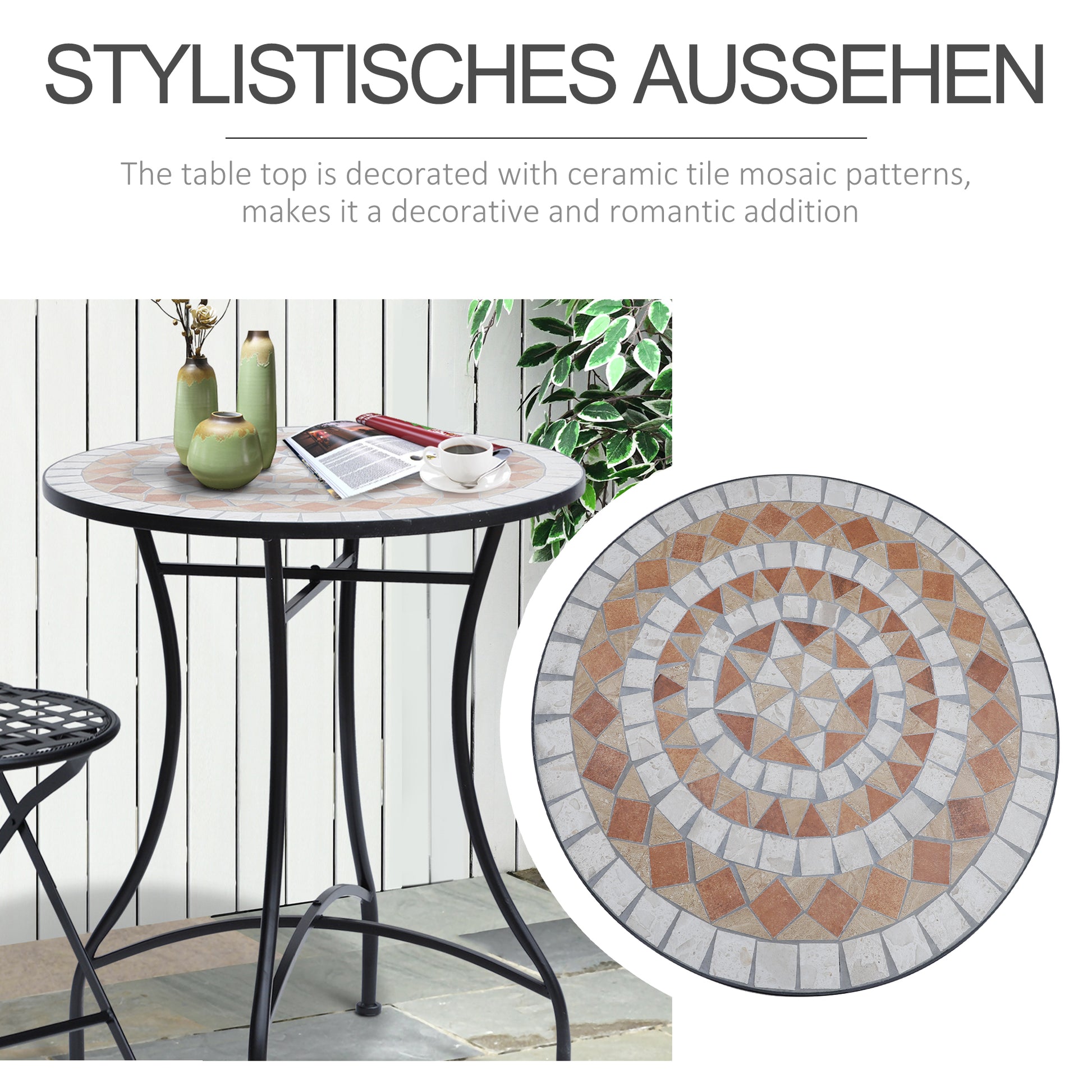 Garden Table Ø60 x H71cm, Weatherproof Patio Table Made of Metal, Outdoor Dining Table, Camping Side Table, Round Patio Table for Garden Terrace Balcony Orange+White