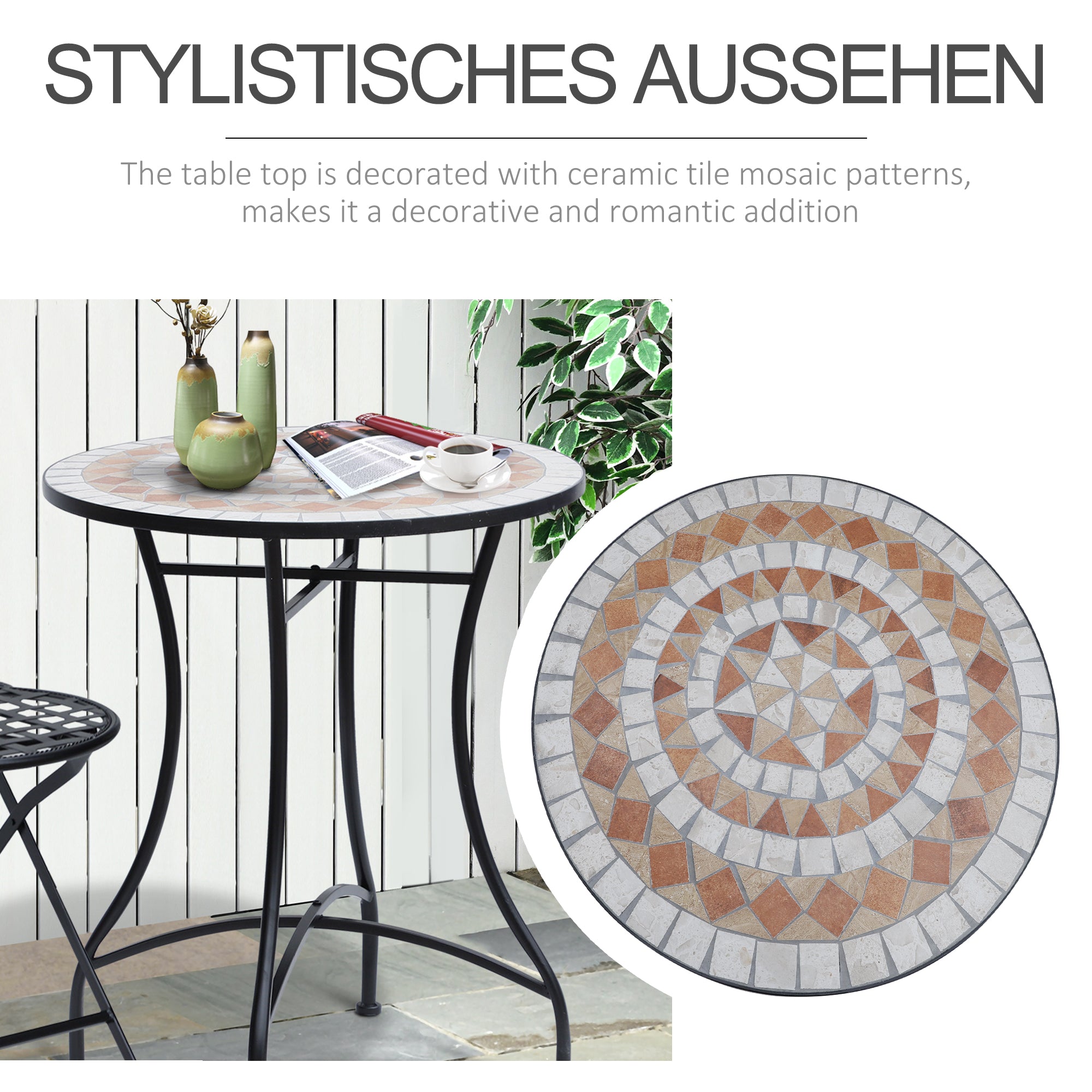 Garden Table Ø60 x H71cm, Weatherproof Patio Table Made of Metal, Outdoor Dining Table, Camping Side Table, Round Patio Table for Garden Terrace Balcony Orange+White