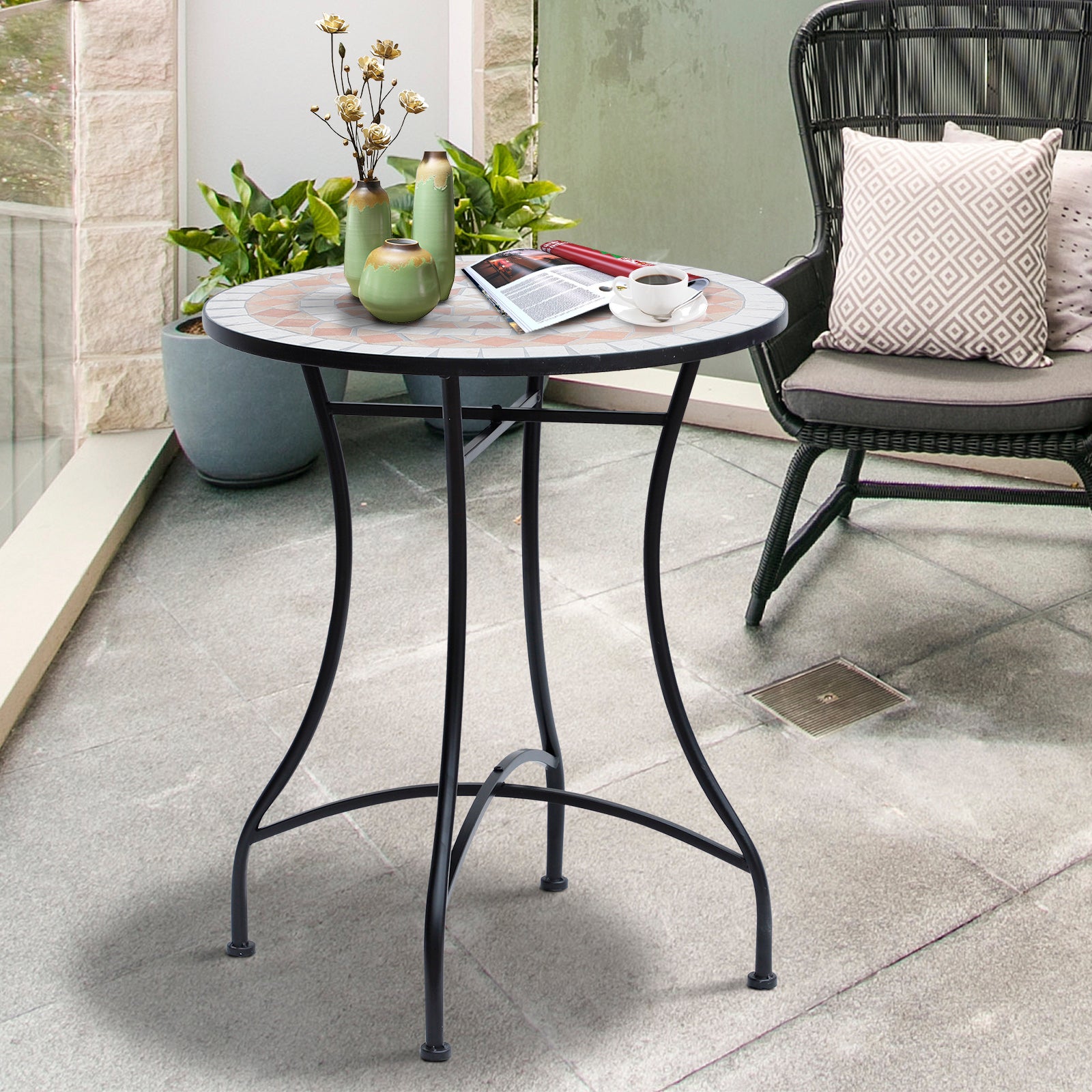 Garden Table Ø60 x H71cm, Weatherproof Patio Table Made of Metal, Outdoor Dining Table, Camping Side Table, Round Patio Table for Garden Terrace Balcony Orange+White