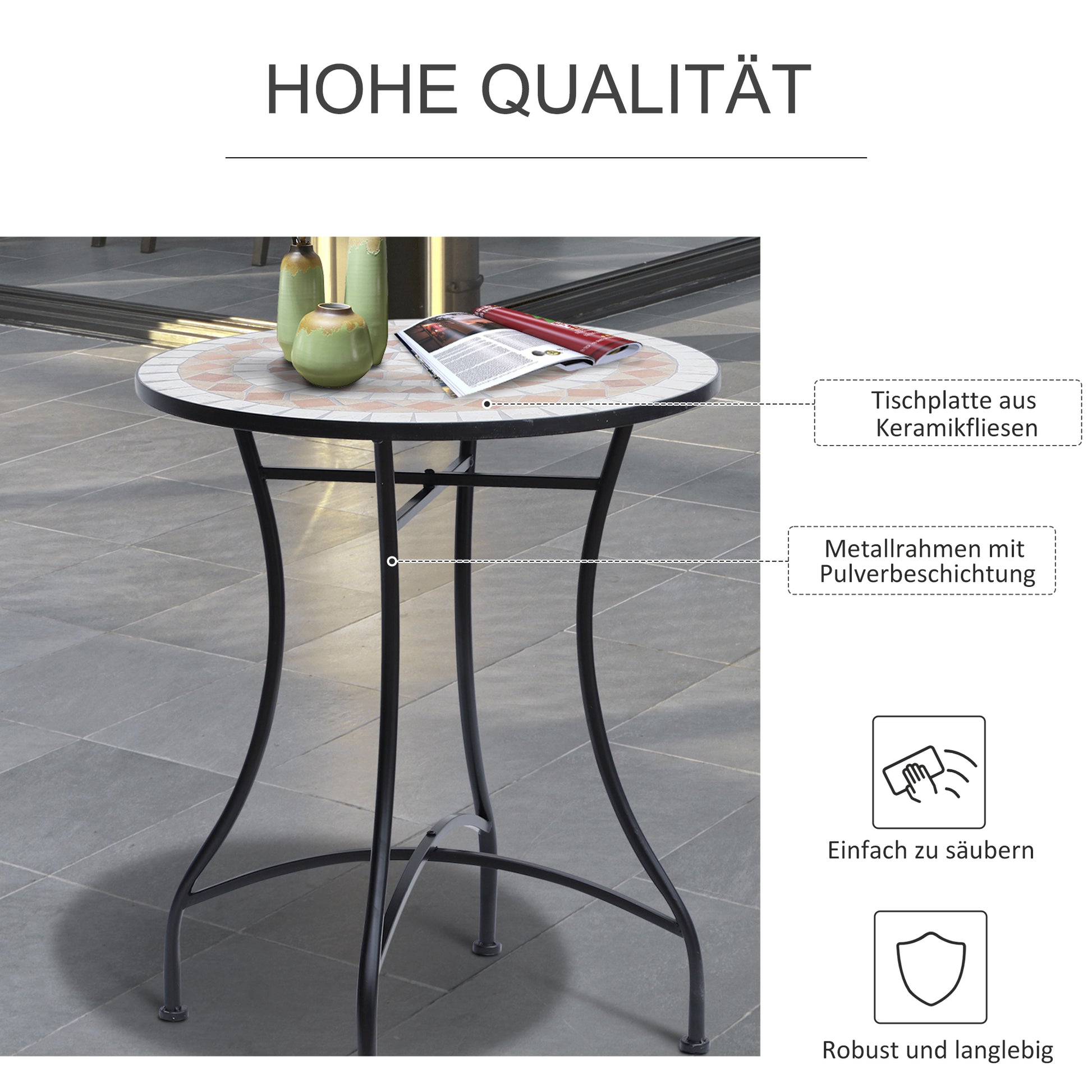 Garden Table Ø60 x H71cm, Weatherproof Patio Table Made of Metal, Outdoor Dining Table, Camping Side Table, Round Patio Table for Garden Terrace Balcony Orange+White