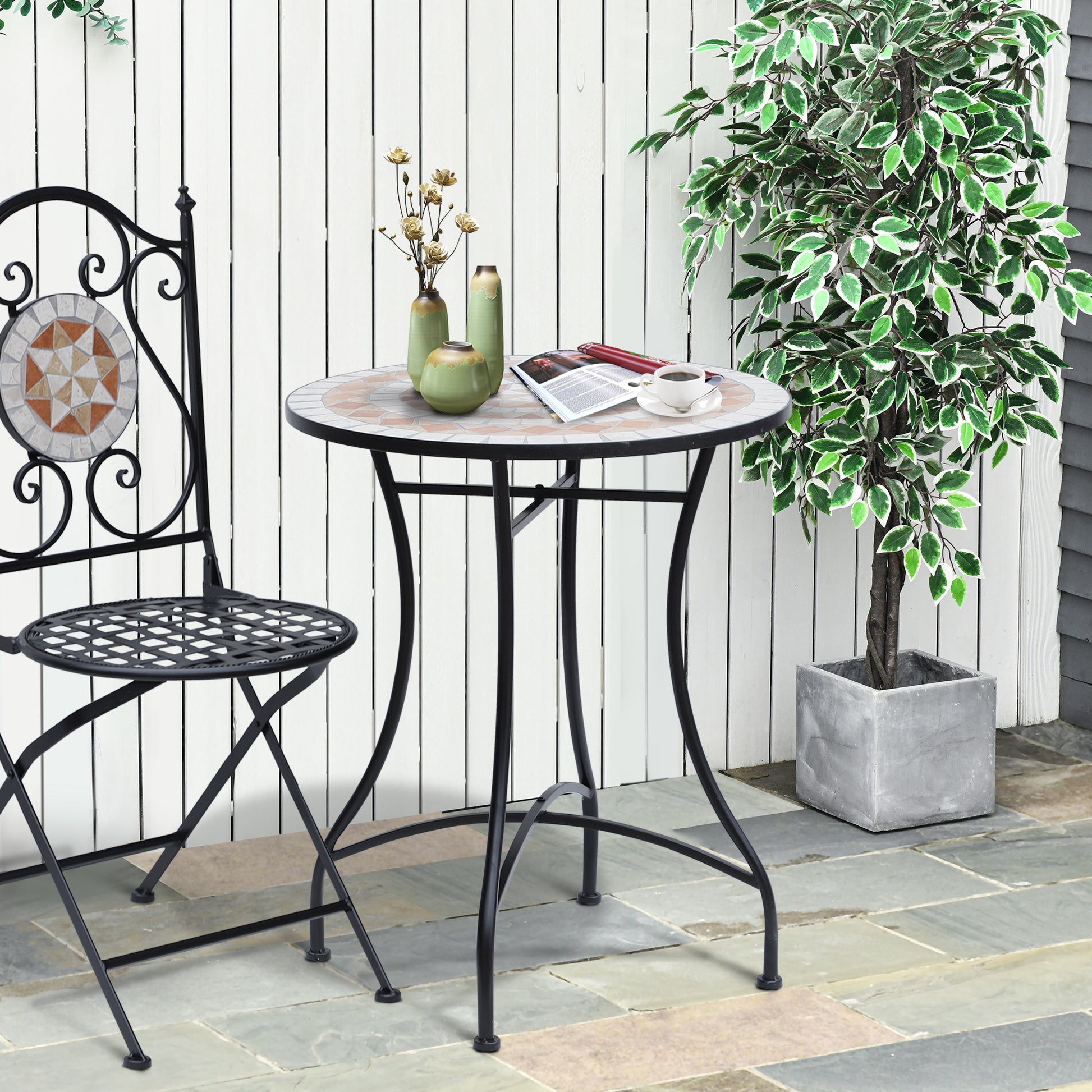 Garden Table Ø60 x H71cm, Weatherproof Patio Table Made of Metal, Outdoor Dining Table, Camping Side Table, Round Patio Table for Garden Terrace Balcony Orange+White
