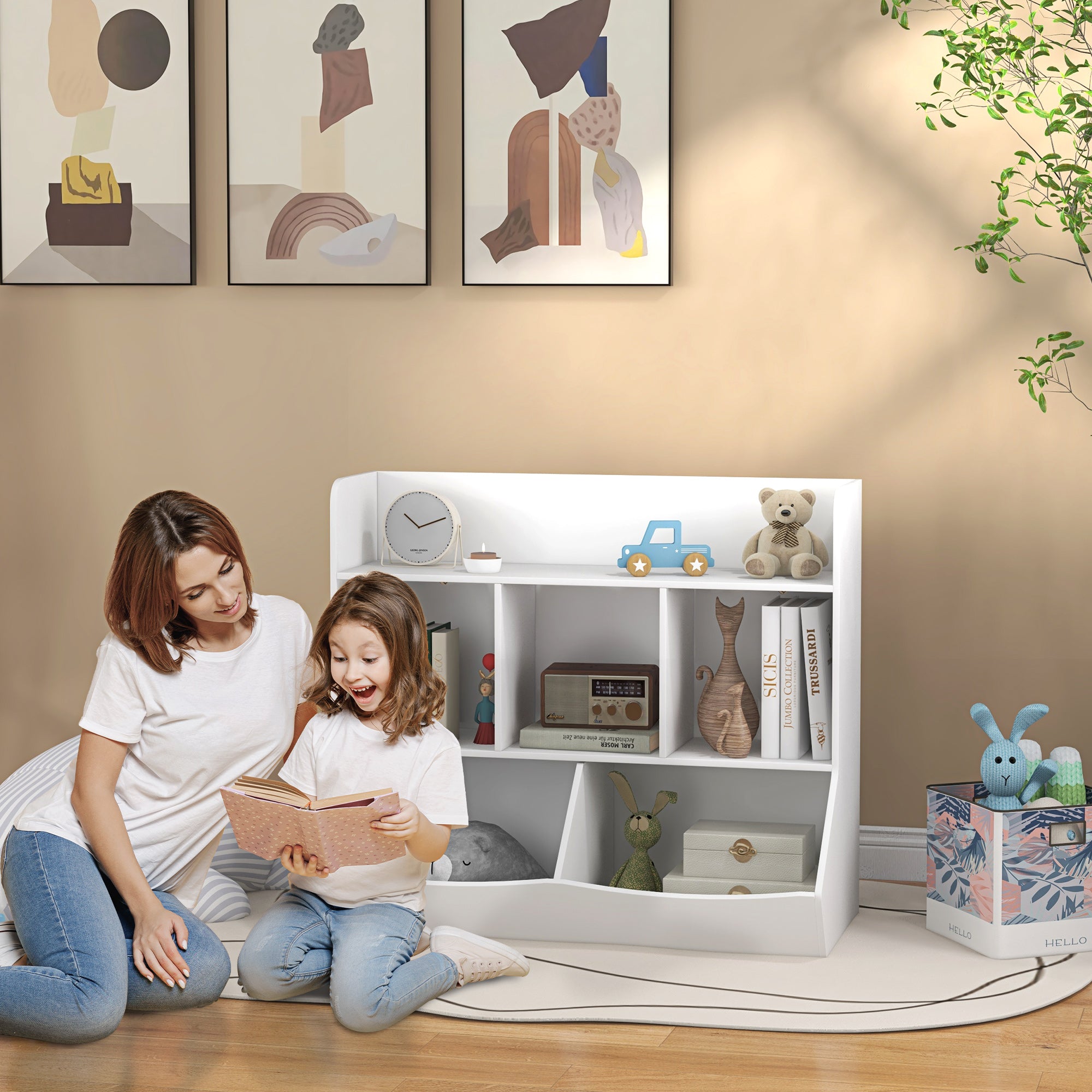 Children's Bookshelf with 3 Levels, Toy Storage with 5 Compartments in Wood with Anti-Tipping Device, 91.5x43x79cm, White