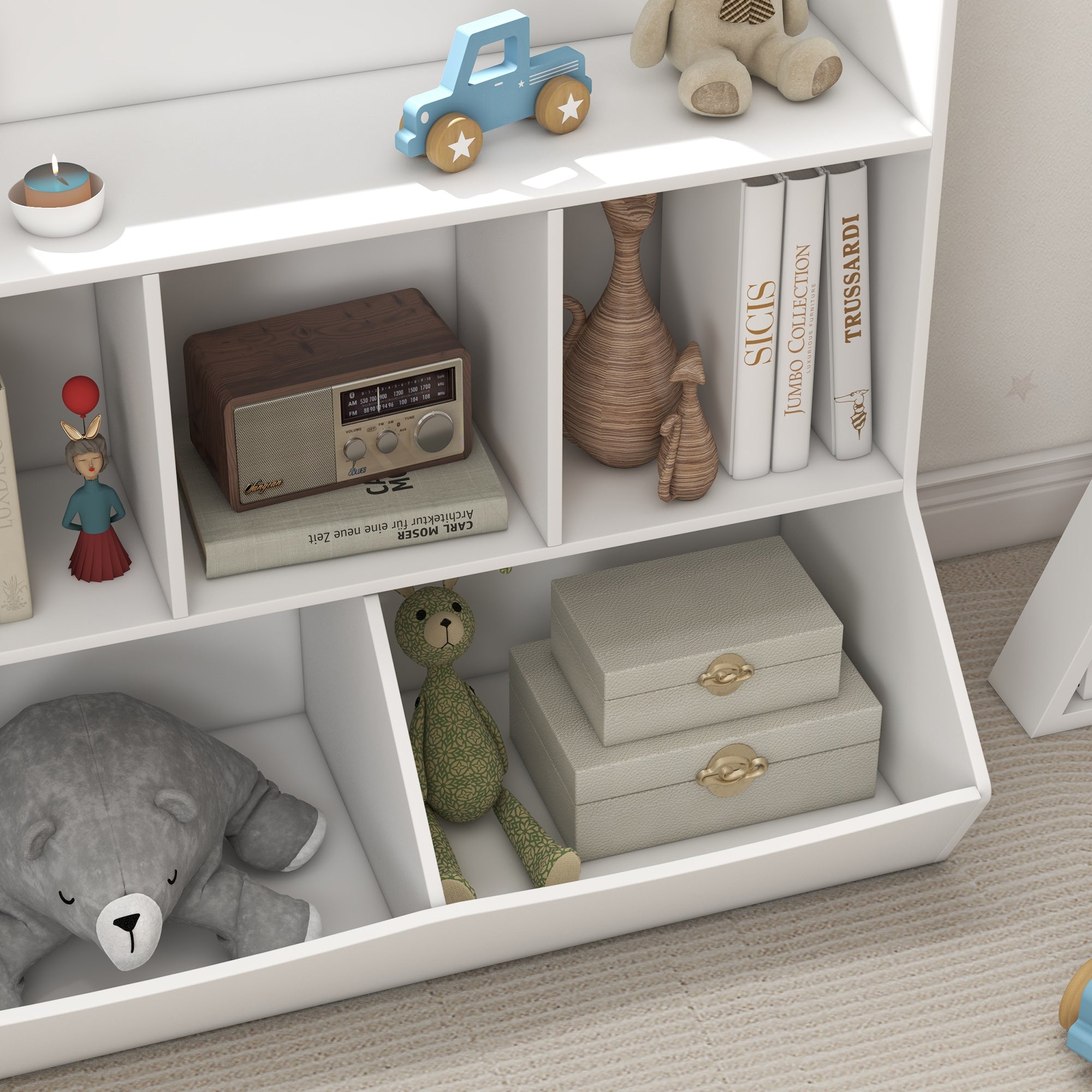 Children's Bookshelf with 3 Levels, Toy Storage with 5 Compartments in Wood with Anti-Tipping Device, 91.5x43x79cm, White
