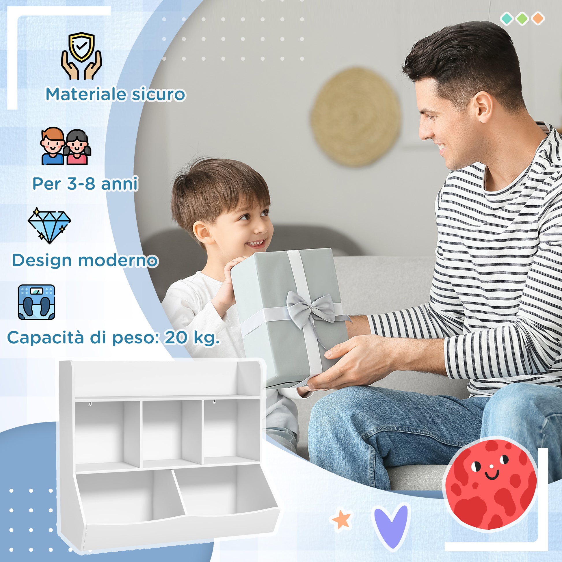 Children's Bookshelf with 3 Levels, Toy Storage with 5 Compartments in Wood with Anti-Tipping Device, 91.5x43x79cm, White