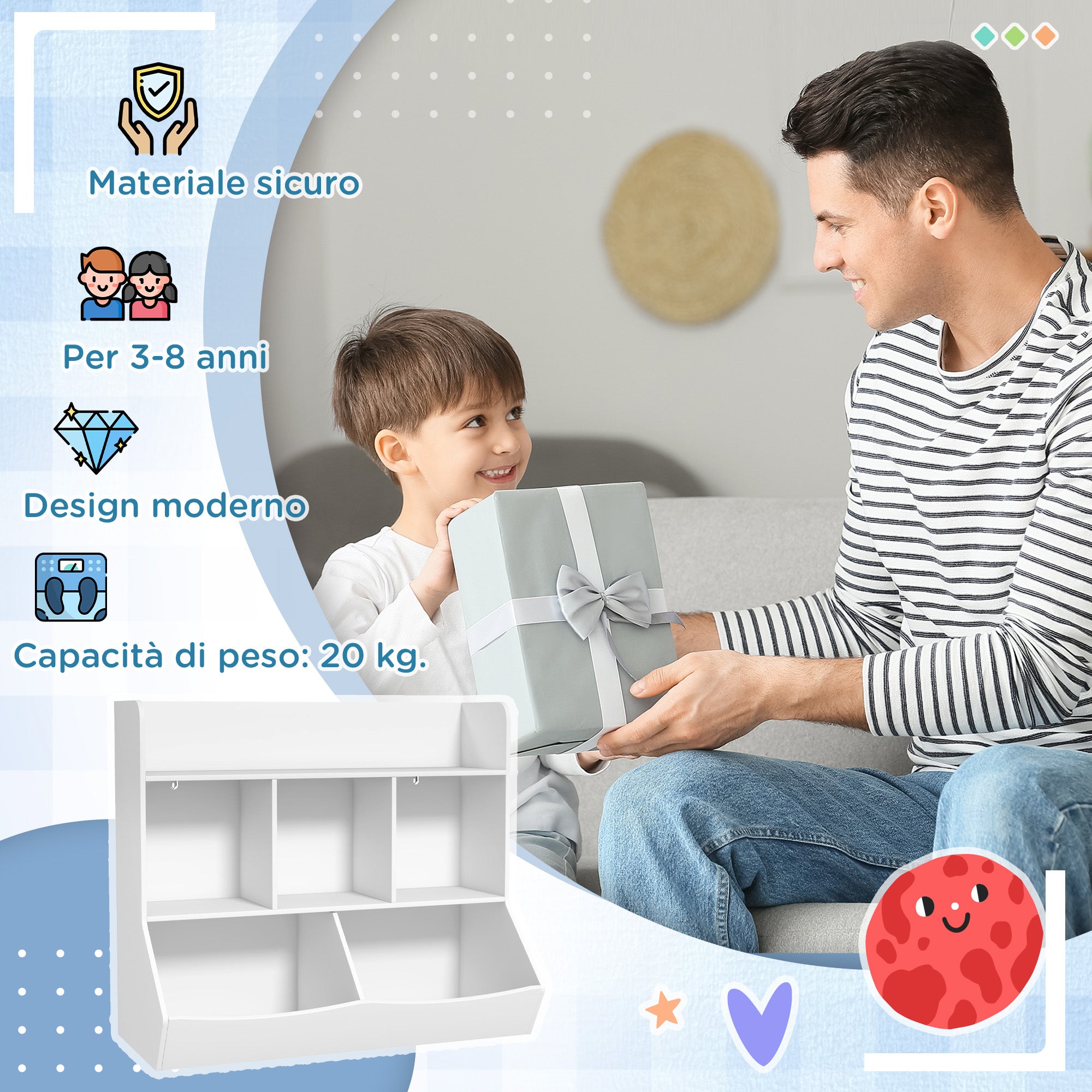 Children's Bookshelf with 3 Levels, Toy Storage with 5 Compartments in Wood with Anti-Tipping Device, 91.5x43x79cm, White
