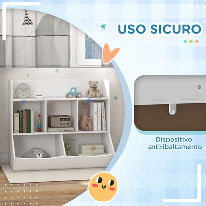 Children's Bookshelf with 3 Levels, Toy Storage with 5 Compartments in Wood with Anti-Tipping Device, 91.5x43x79cm, White