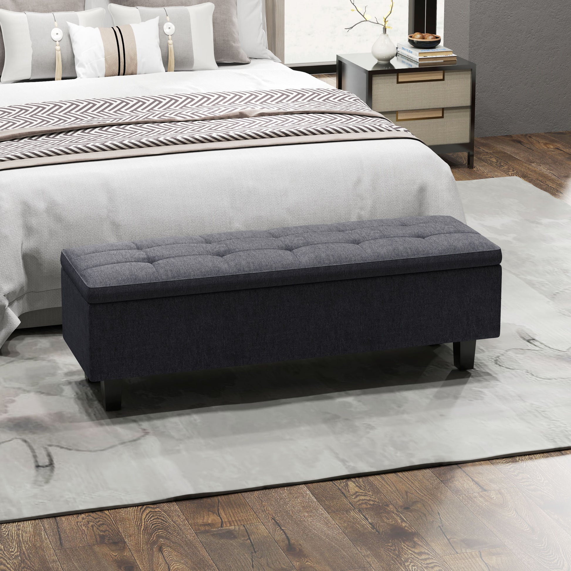 Storage Bench, Padded Bench with Linen Look, Wood Legs, Modern Bed Bench for Hallway, Bedroom, Living Room, 138 x 40 x 45 cm, Dark Gray