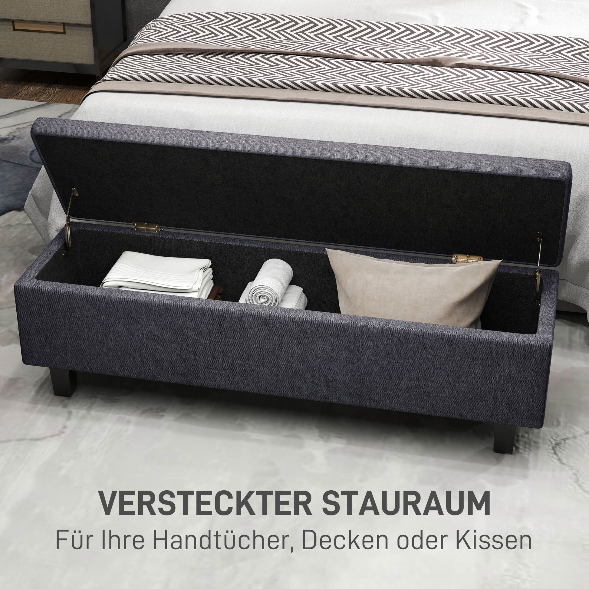 Storage Bench, Padded Bench with Linen Look, Wood Legs, Modern Bed Bench for Hallway, Bedroom, Living Room, 138 x 40 x 45 cm, Dark Gray