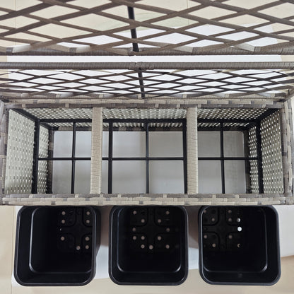 Planter with Trellis for Climbing Plants, Raised Flower Bed with 3 Internal Pots, Steel and PE Rattan Structure, 84x30x107cm, Gray