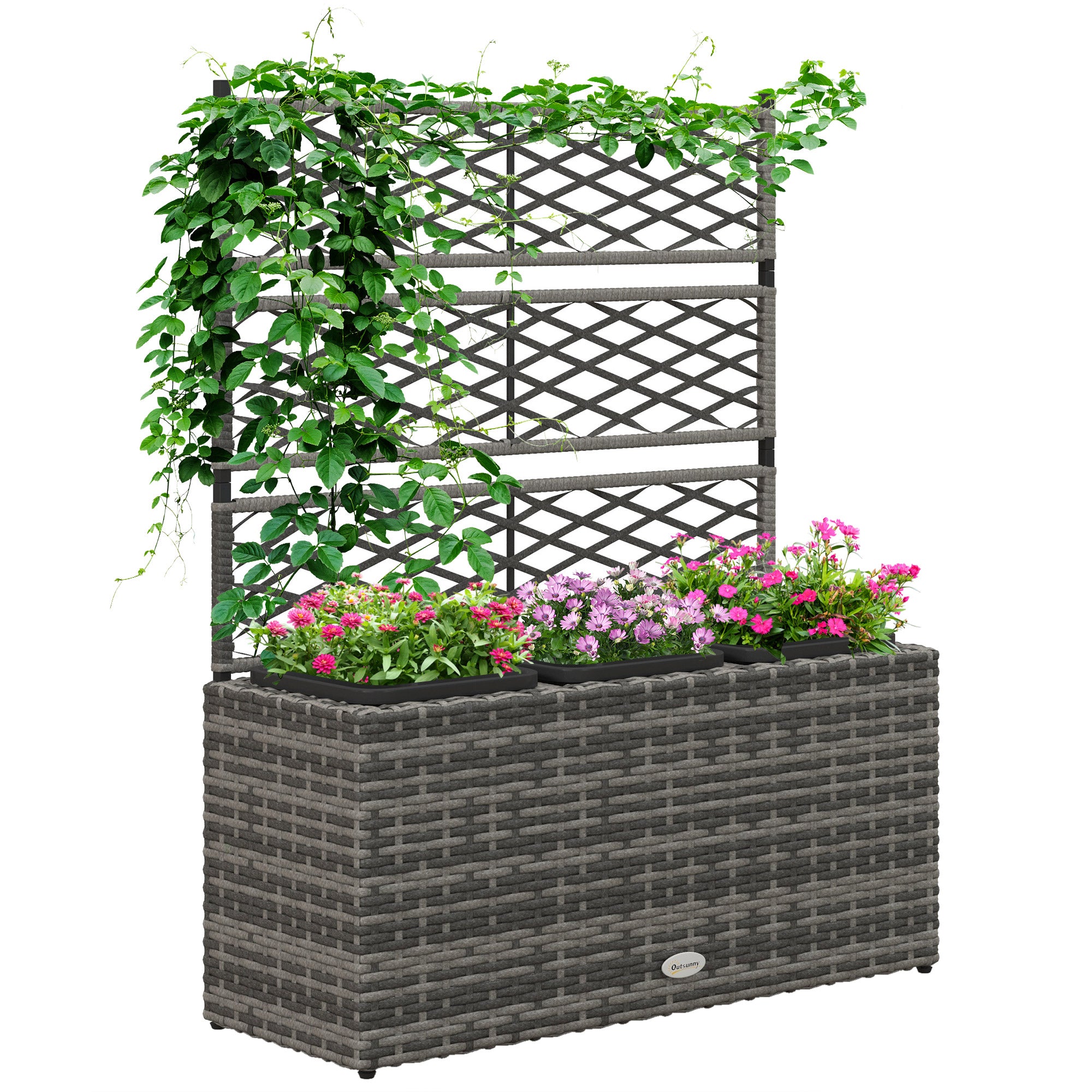 Planter with Trellis for Climbing Plants, Raised Flower Bed with 3 Internal Pots, Steel and PE Rattan Structure, 84x30x107cm, Gray