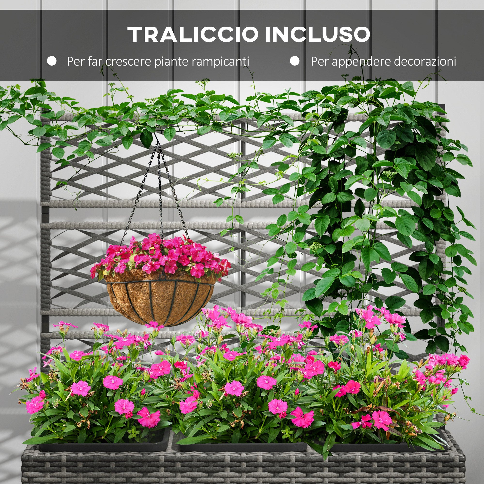 Planter with Trellis for Climbing Plants, Raised Flower Bed with 3 Internal Pots, Steel and PE Rattan Structure, 84x30x107cm, Gray