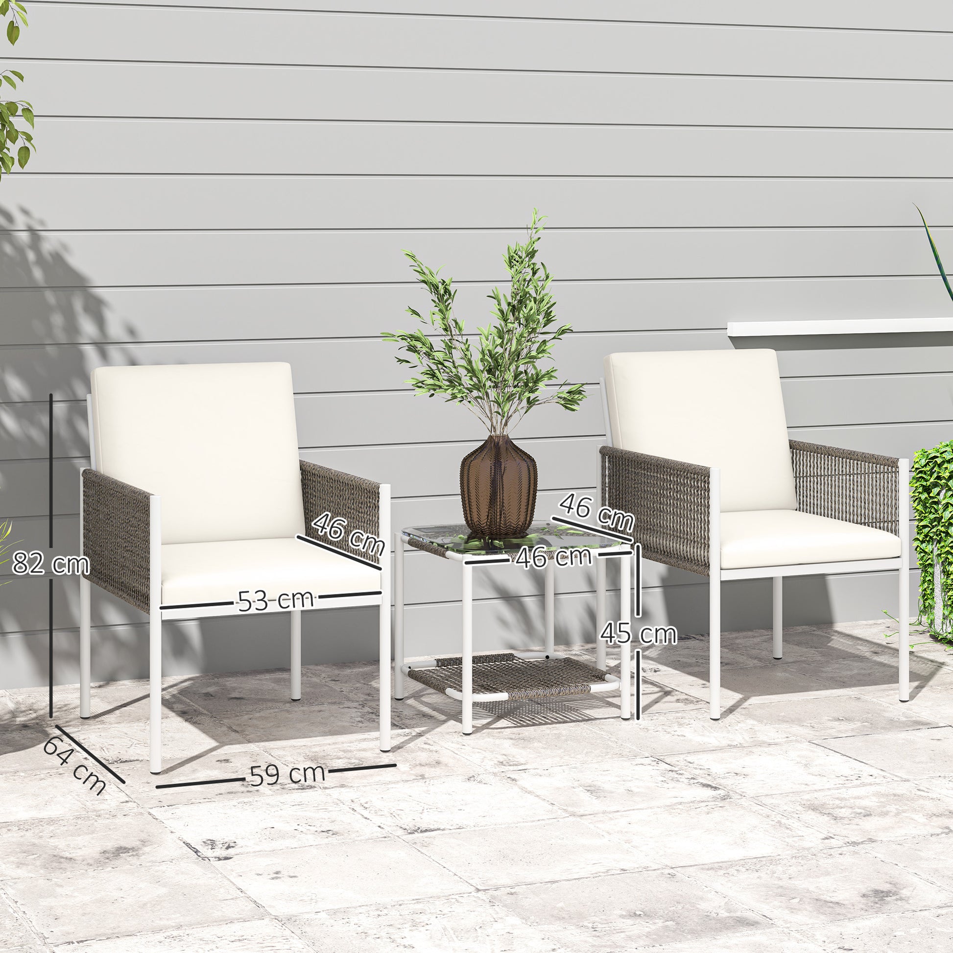 3-Piece Outdoor Garden Set with 2 Chairs and Rattan Table with Padded Cushions and Glass Top for Balcony Terrace Brown and Cream