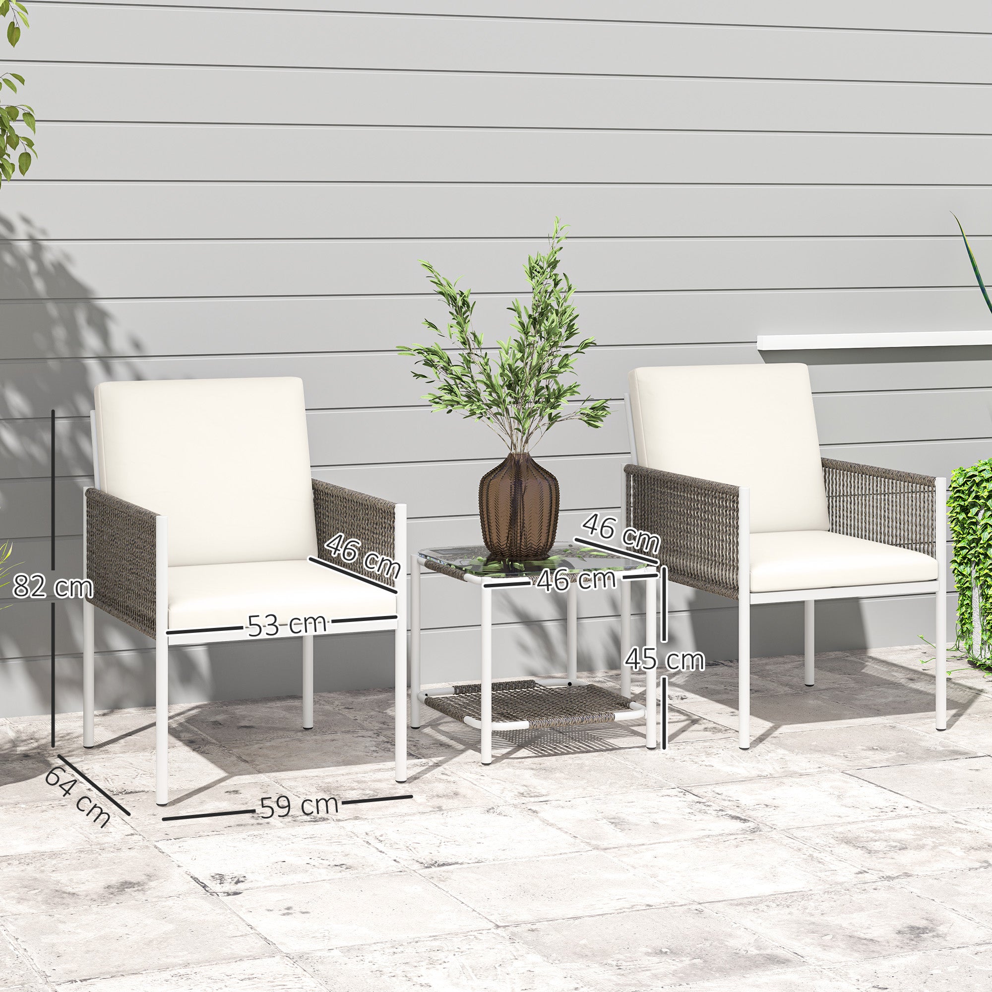 3-Piece Outdoor Garden Set with 2 Chairs and Rattan Table with Padded Cushions and Glass Top for Balcony Terrace Brown and Cream