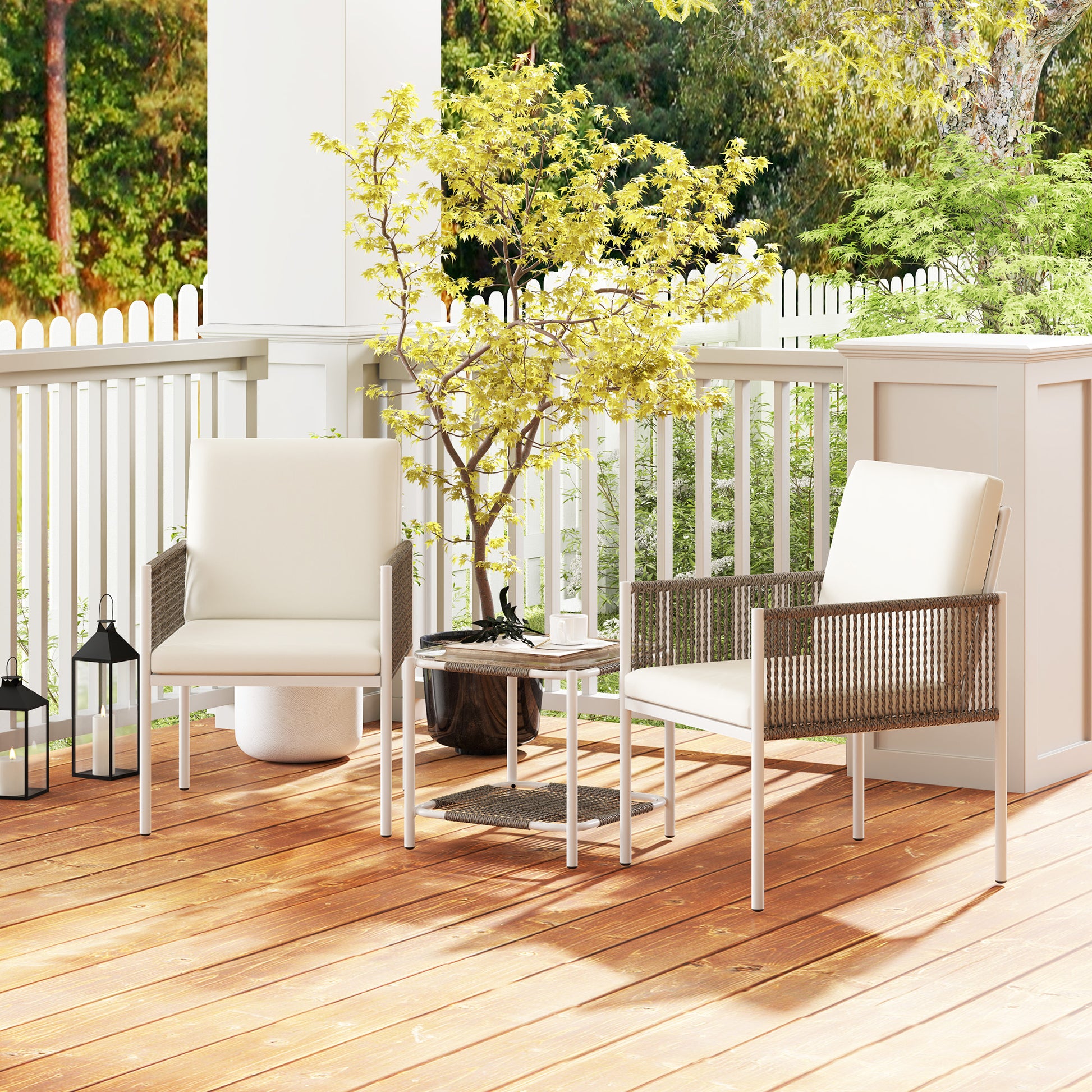 3-Piece Outdoor Garden Set with 2 Chairs and Rattan Table with Padded Cushions and Glass Top for Balcony Terrace Brown and Cream