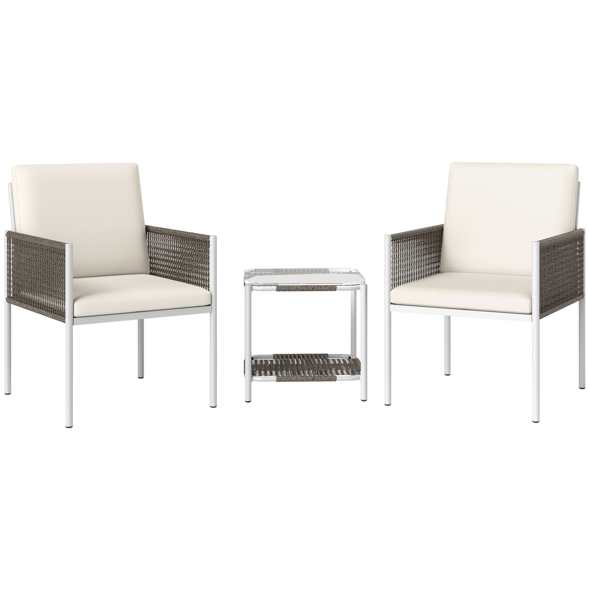 3-Piece Outdoor Garden Set with 2 Chairs and Rattan Table with Padded Cushions and Glass Top for Balcony Terrace Brown and Cream