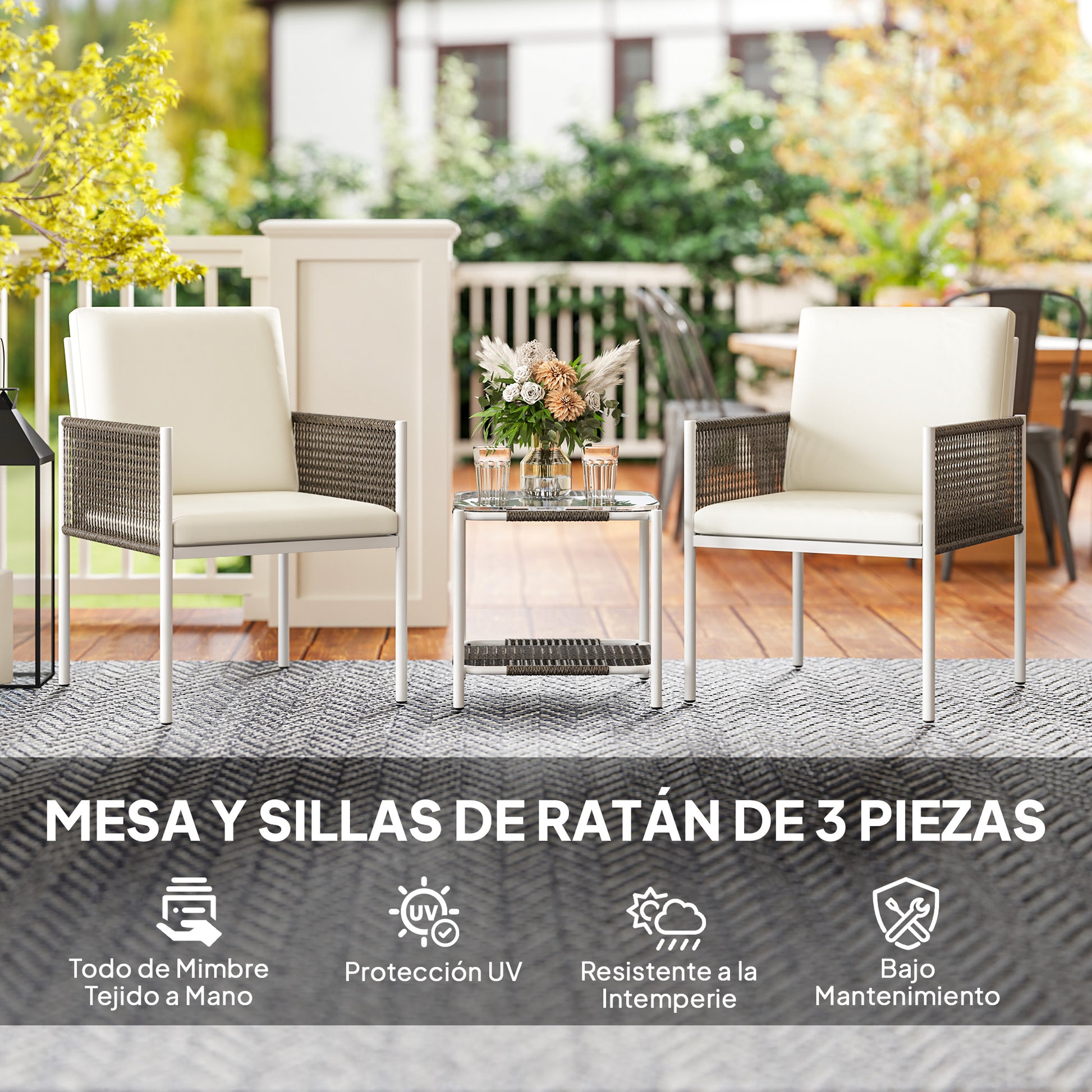 3-Piece Outdoor Garden Set with 2 Chairs and Rattan Table with Padded Cushions and Glass Top for Balcony Terrace Brown and Cream