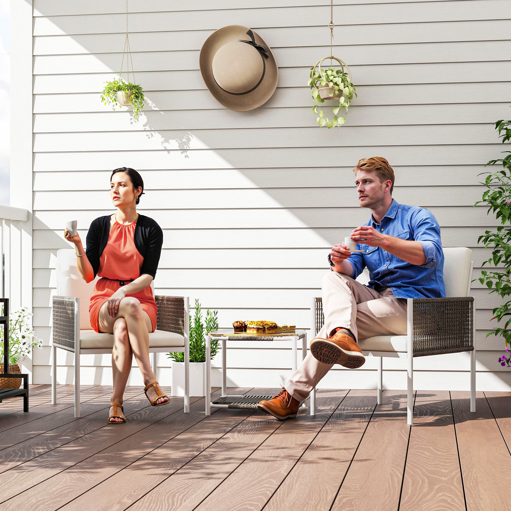 3-Piece Outdoor Garden Set with 2 Chairs and Rattan Table with Padded Cushions and Glass Top for Balcony Terrace Brown and Cream