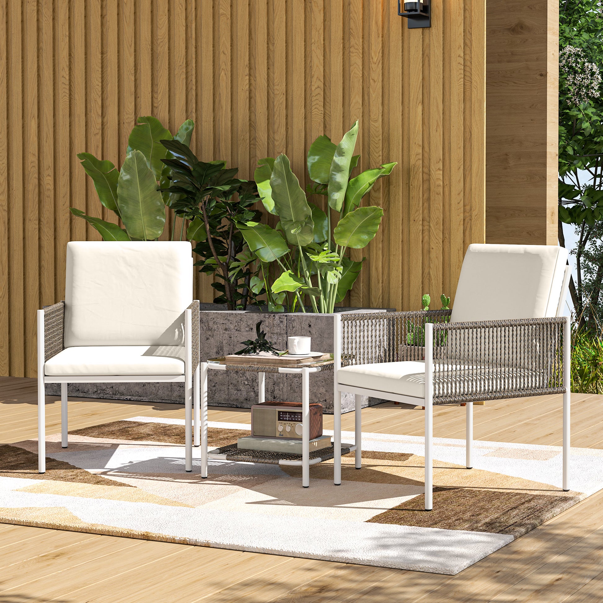 3-Piece Outdoor Garden Set with 2 Chairs and Rattan Table with Padded Cushions and Glass Top for Balcony Terrace Brown and Cream