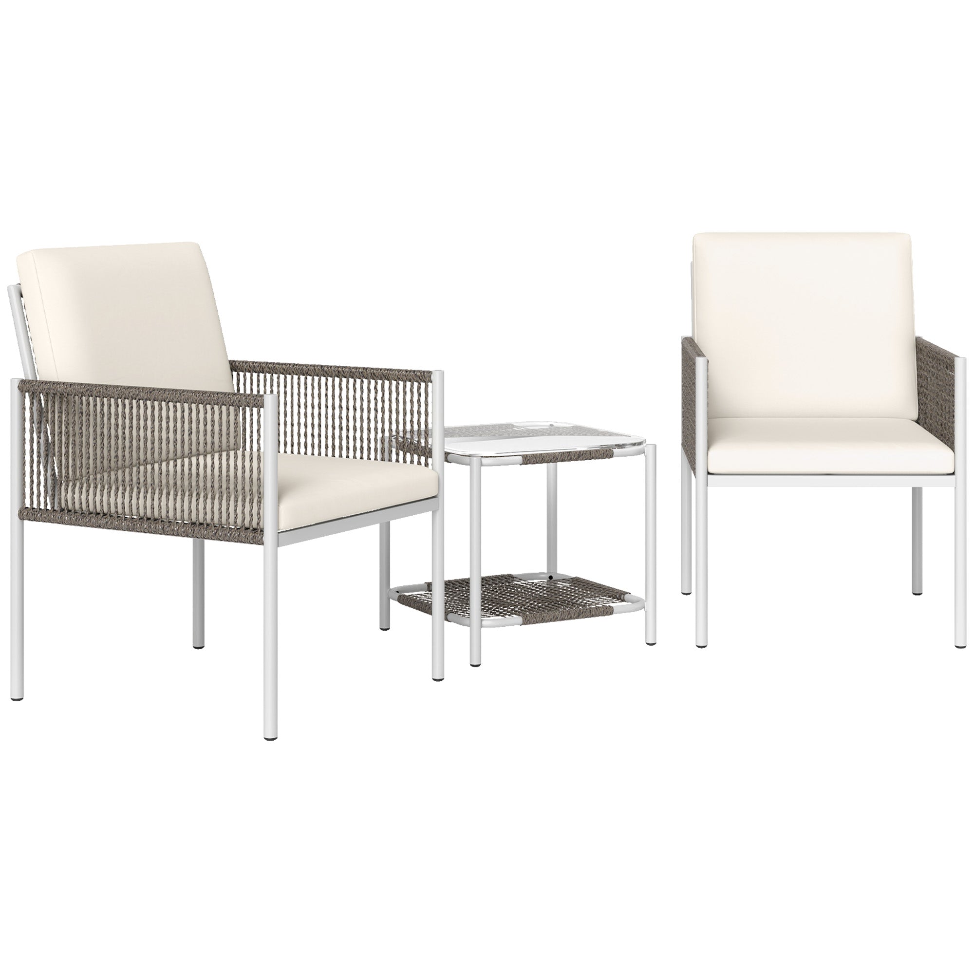 3-Piece Outdoor Garden Set with 2 Chairs and Rattan Table with Padded Cushions and Glass Top for Balcony Terrace Brown and Cream