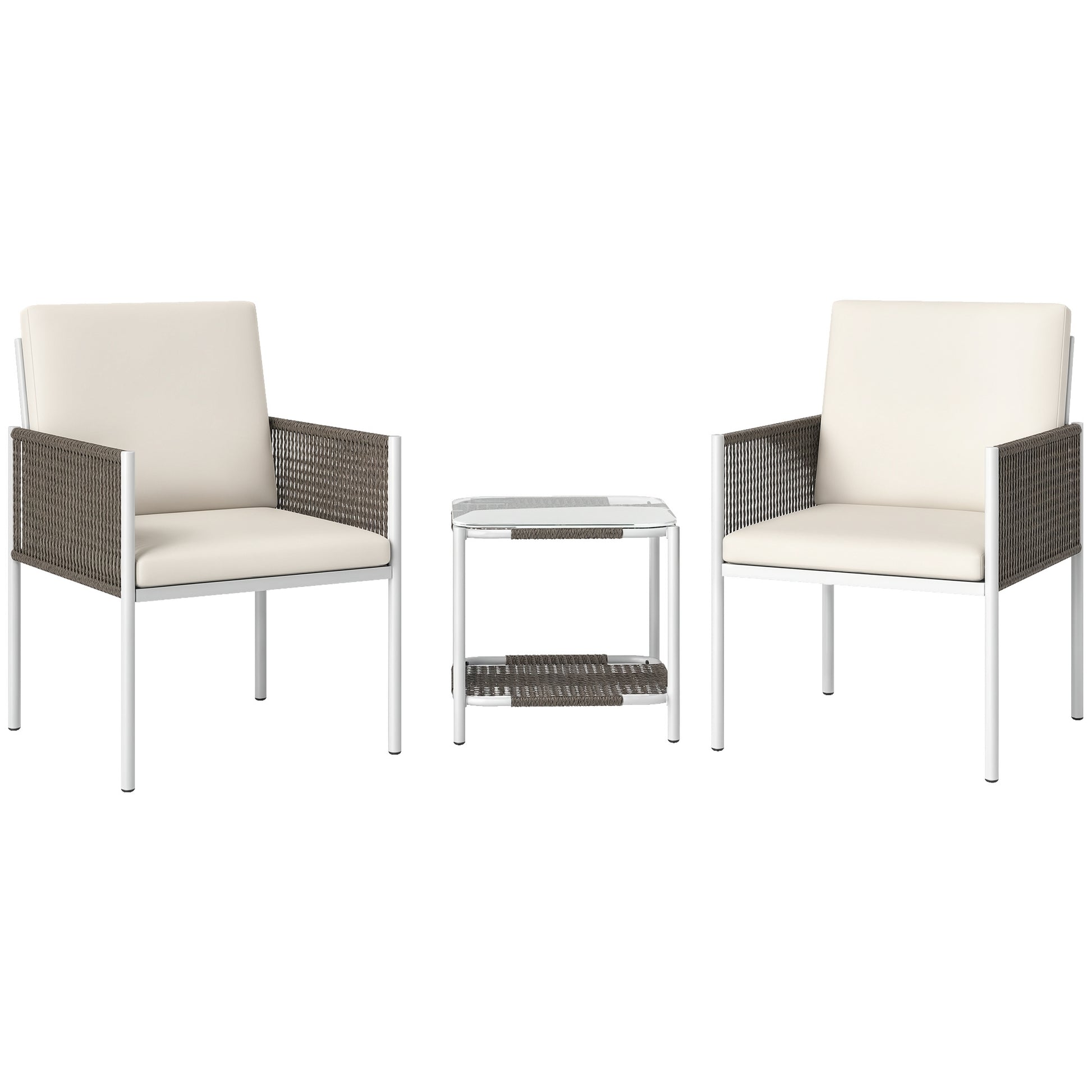 3-Piece Outdoor Garden Set with 2 Chairs and Rattan Table with Padded Cushions and Glass Top for Balcony Terrace Brown and Cream