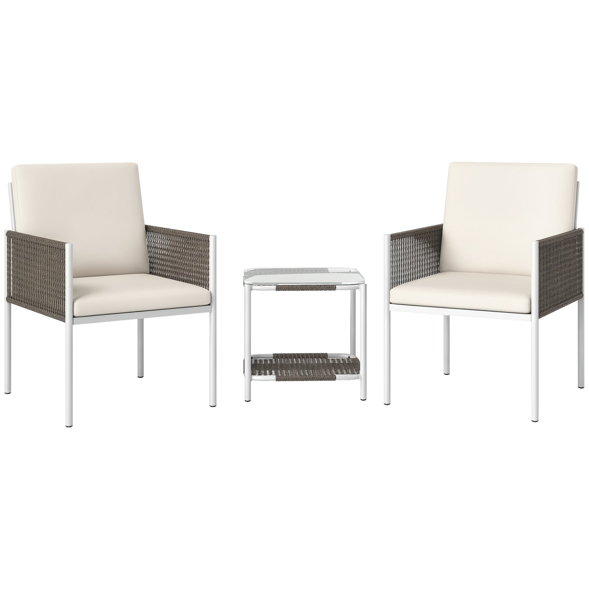 3-Piece Outdoor Garden Set with 2 Chairs and Rattan Table with Padded Cushions and Glass Top for Balcony Terrace Brown and Cream