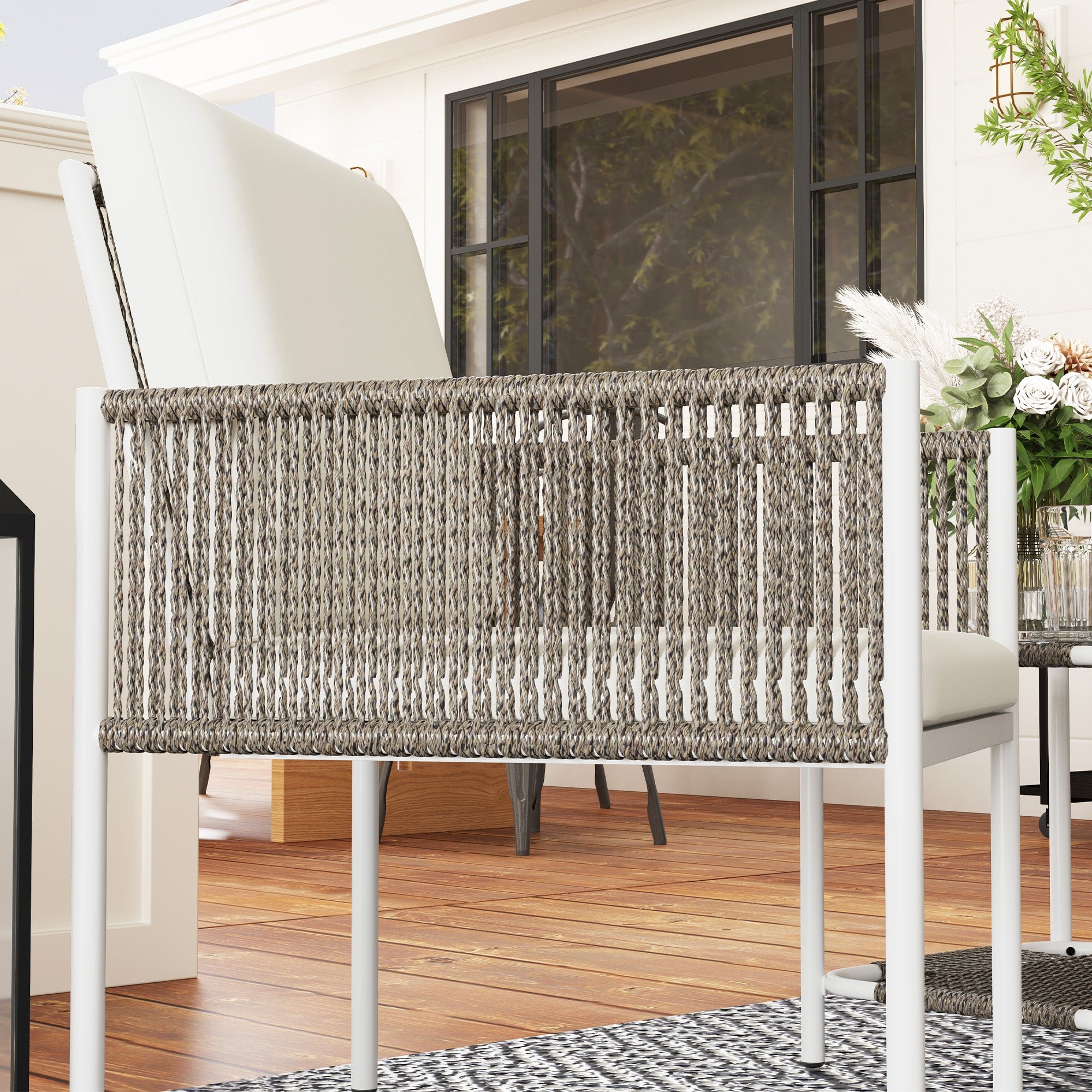 3-Piece Outdoor Garden Set with 2 Chairs and Rattan Table with Padded Cushions and Glass Top for Balcony Terrace Brown and Cream