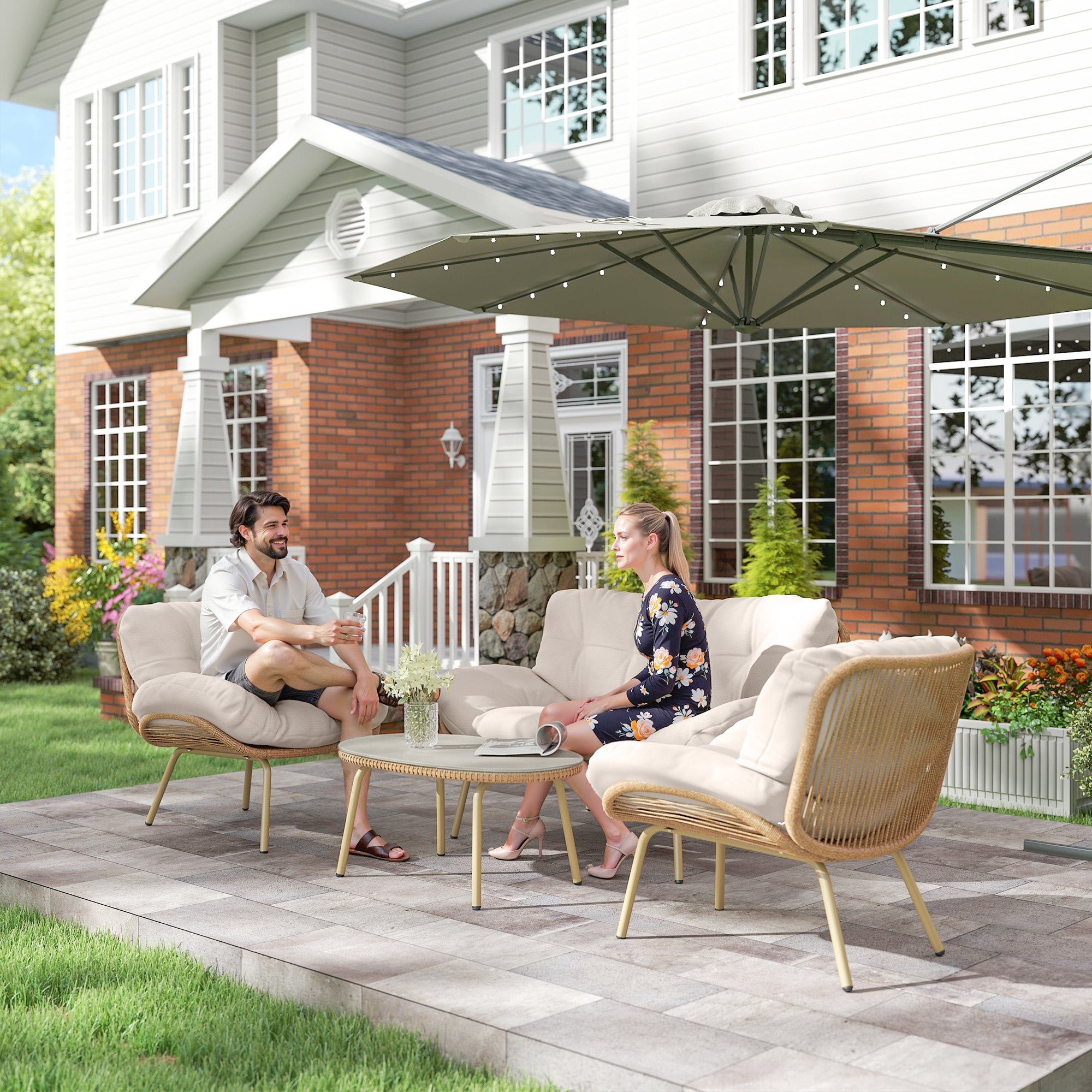 4-Piece Polyrattan Garden Furniture Set – Two-Seater Sofa, 2 Armless Chairs & Oval Table, Deep Seats with Thick Cushions, Plastic Tabletop, Balcony/Patio Seating for 4 — Beige