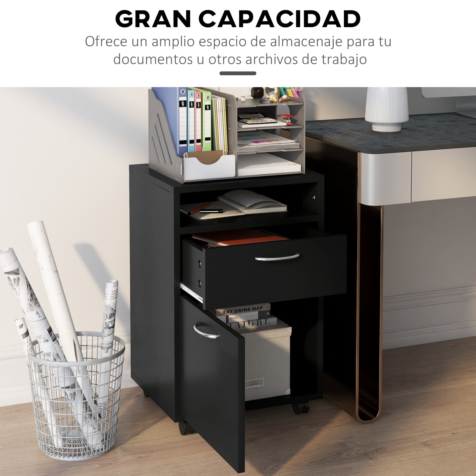 Mobile Office Filing Cabinet with Drawer and Cabinet Printer Stand for Study 40x35x60 cm Black
