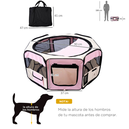 Foldable Playpen for Dogs & Cats — Portable Octagonal Pet Pen, Water-Resistant 600D Oxford with 2 Zippered Doors, Indoor/Outdoor, Ø90 x 41 cm (35.4 x 16.1 in), Pink