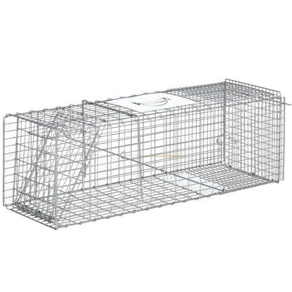 Folding Live Animal Trap 93x31x34.5 cm Wire Capture Cage with Door and Handle for Rabbits Cats Rats Rodents Silver