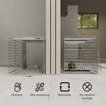 Folding Live Animal Trap 93x31x34.5 cm Wire Capture Cage with Door and Handle for Rabbits Cats Rats Rodents Silver