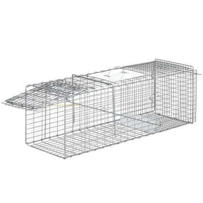 Folding Live Animal Trap 93x31x34.5 cm Wire Capture Cage with Door and Handle for Rabbits Cats Rats Rodents Silver