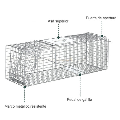 Folding Live Animal Trap 93x31x34.5 cm Wire Capture Cage with Door and Handle for Rabbits Cats Rats Rodents Silver