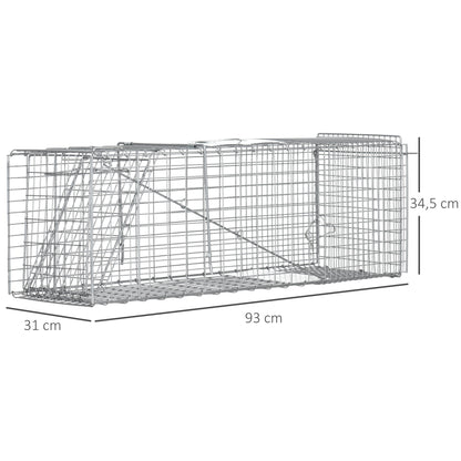 Folding Live Animal Trap 93x31x34.5 cm Wire Capture Cage with Door and Handle for Rabbits Cats Rats Rodents Silver
