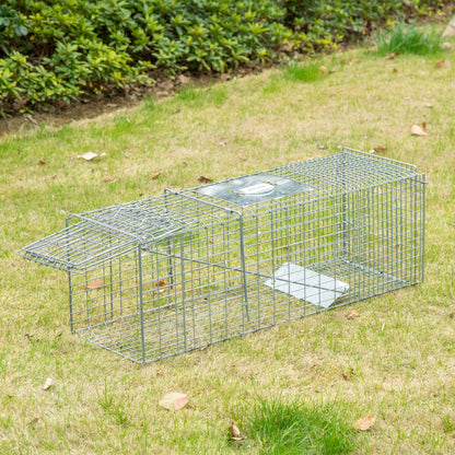 Folding Live Animal Trap 93x31x34.5 cm Wire Capture Cage with Door and Handle for Rabbits Cats Rats Rodents Silver