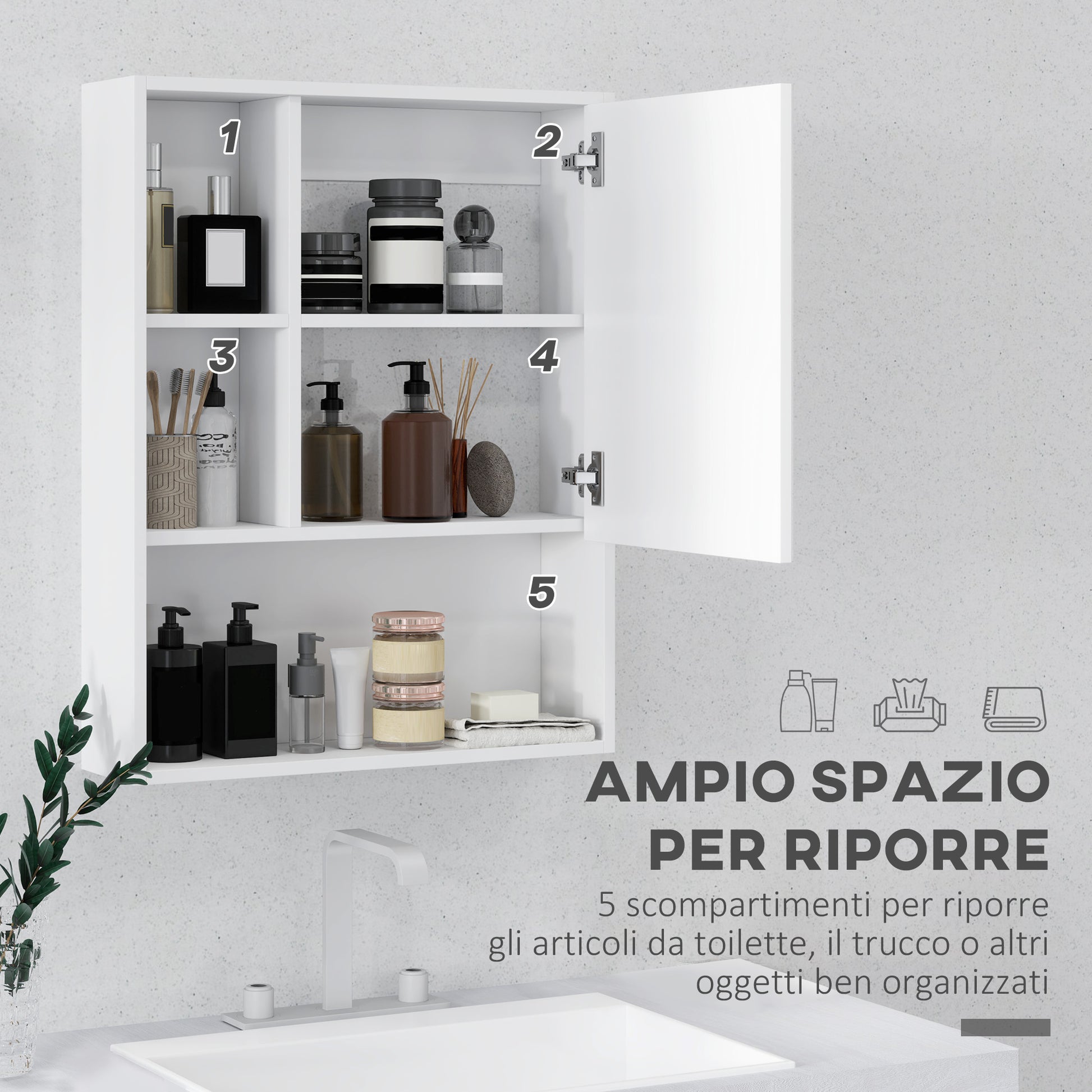 Bathroom Mirror Cabinet with Adjustable Shelves, Wall Mounted Bathroom Cabinet with Space-saving Door, 60x15x76 cm, White