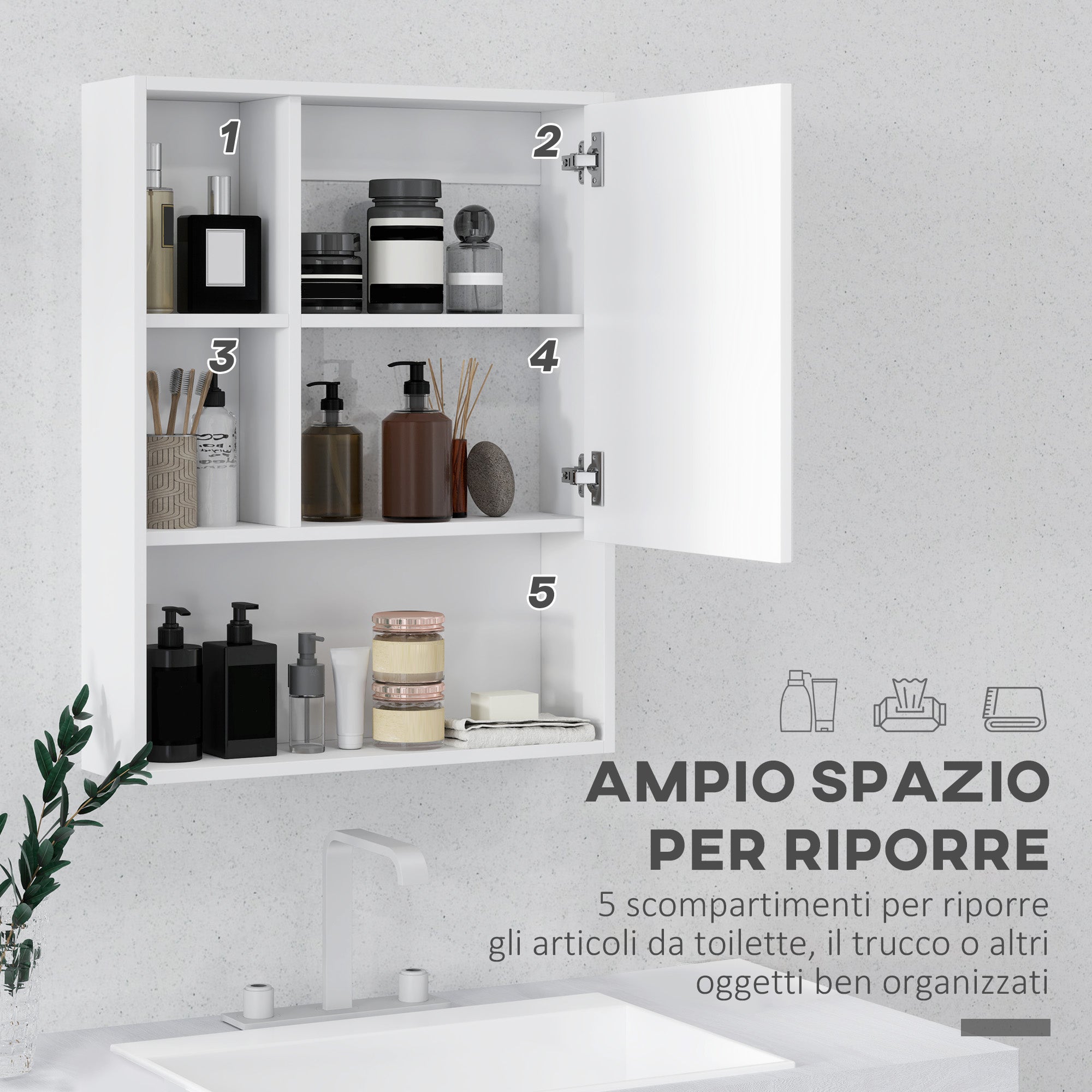 Bathroom Mirror Cabinet with Adjustable Shelves, Wall Mounted Bathroom Cabinet with Space-saving Door, 60x15x76 cm, White