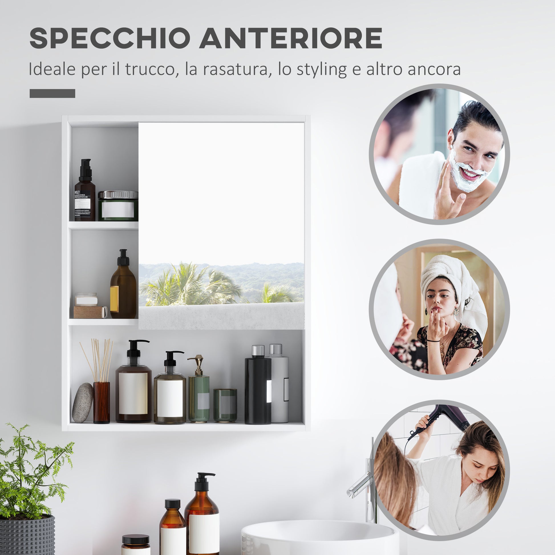 Bathroom Mirror Cabinet with Adjustable Shelves, Wall Mounted Bathroom Cabinet with Space-saving Door, 60x15x76 cm, White