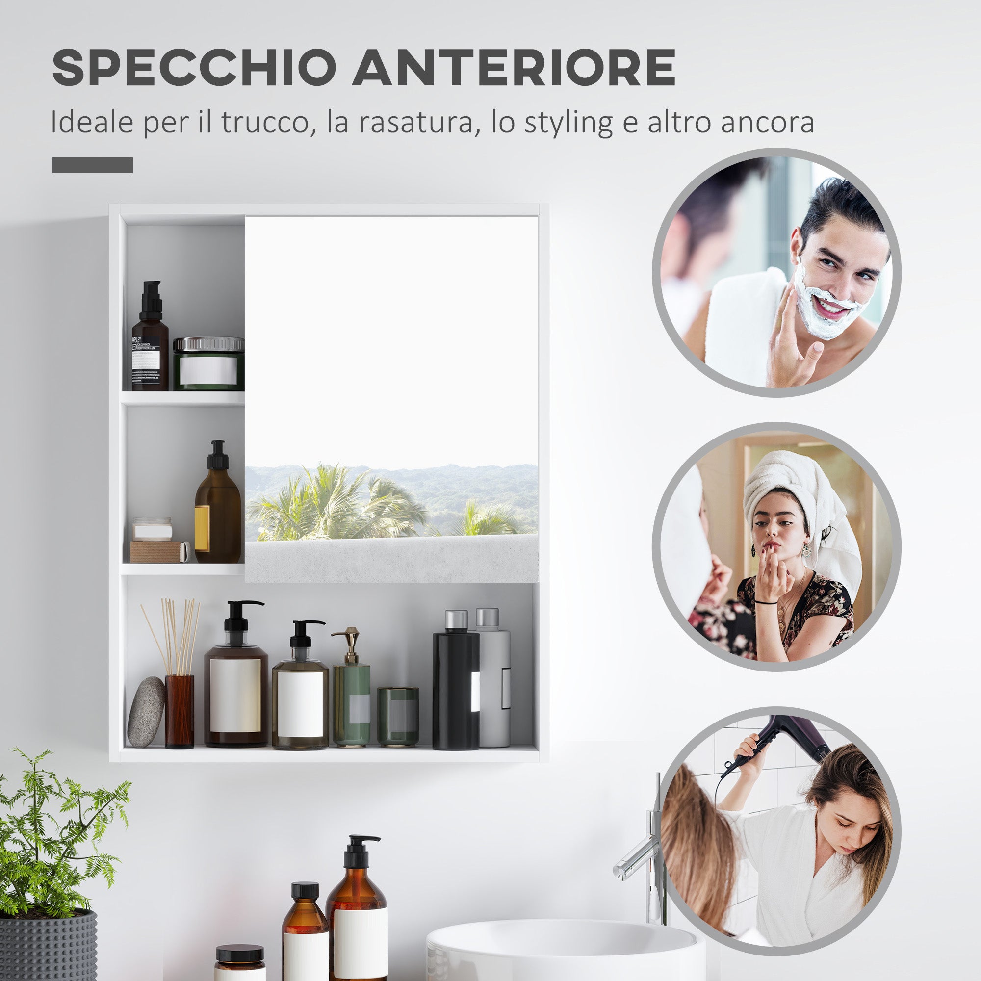 Bathroom Mirror Cabinet with Adjustable Shelves, Wall Mounted Bathroom Cabinet with Space-saving Door, 60x15x76 cm, White