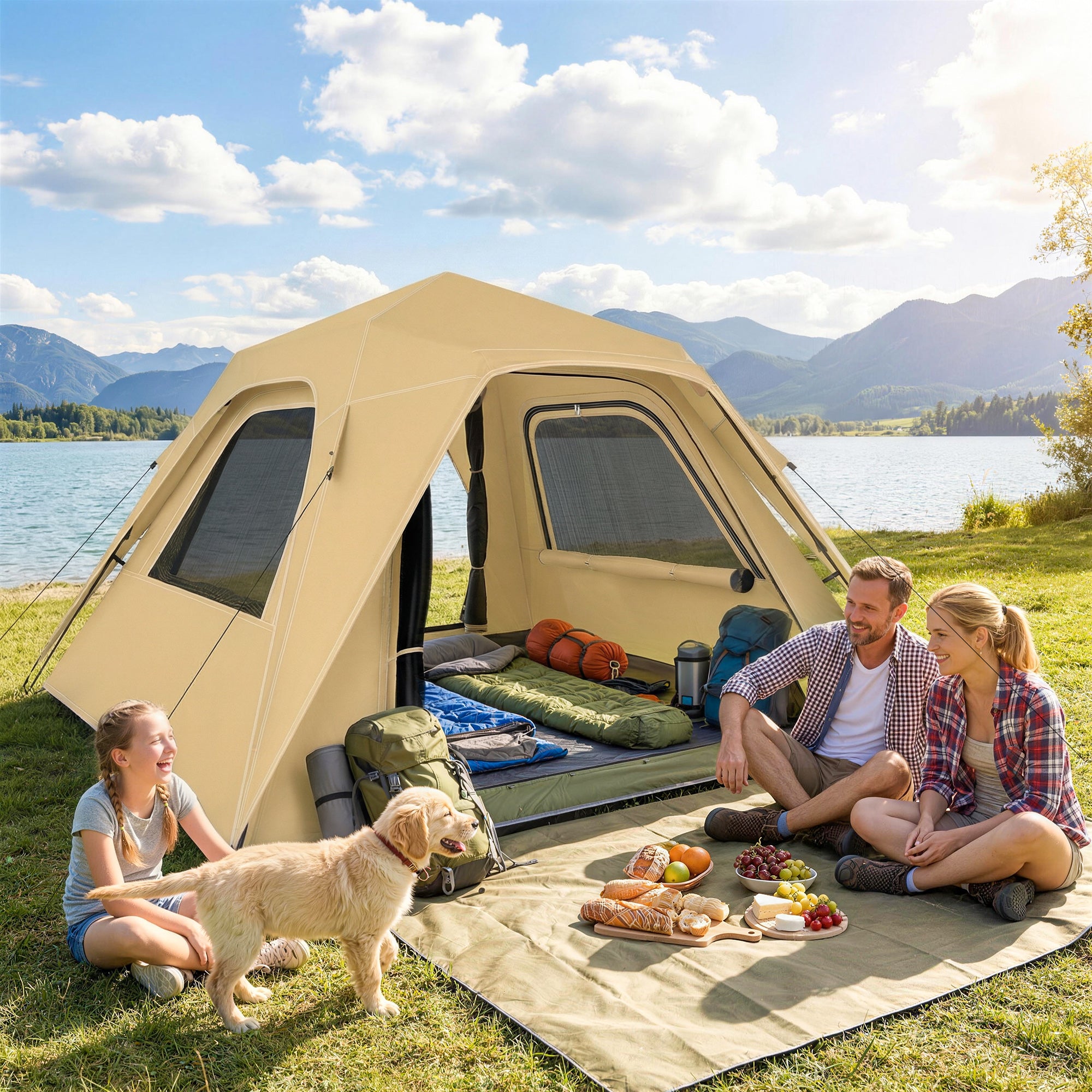 Instant Pop-Up Tent with Mesh Windows & Carry Bag, 3000 mm Waterproof, UPF50+ – 3–4 Person, Khaki