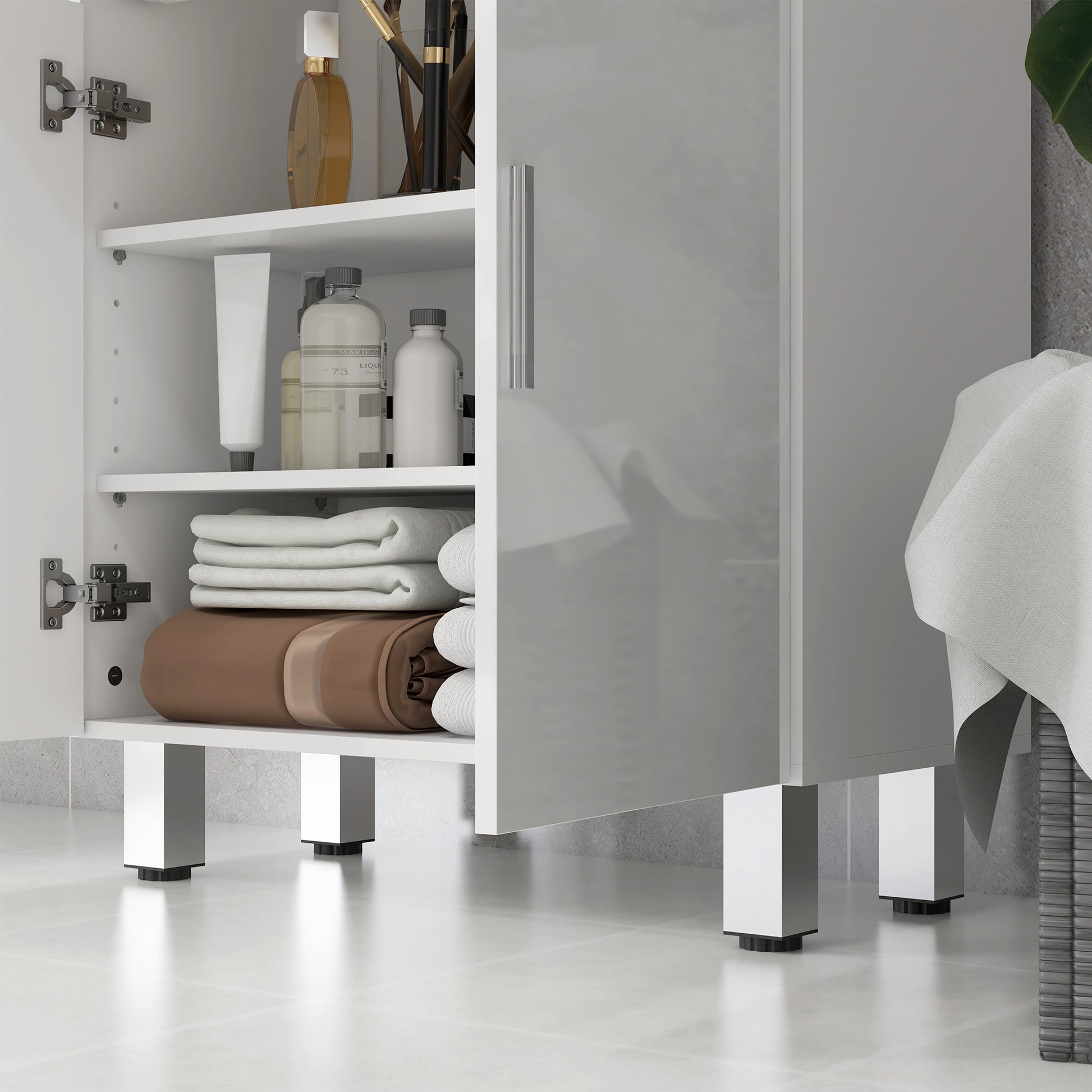 Modern Bathroom Auxiliary Cabinet with 2 Drawers, Shelves Adjustable Bathroom Cabinet Storage Unit for Living Room Bedroom Anti-topple 35 kg 60x30x93 cm High Gloss White
