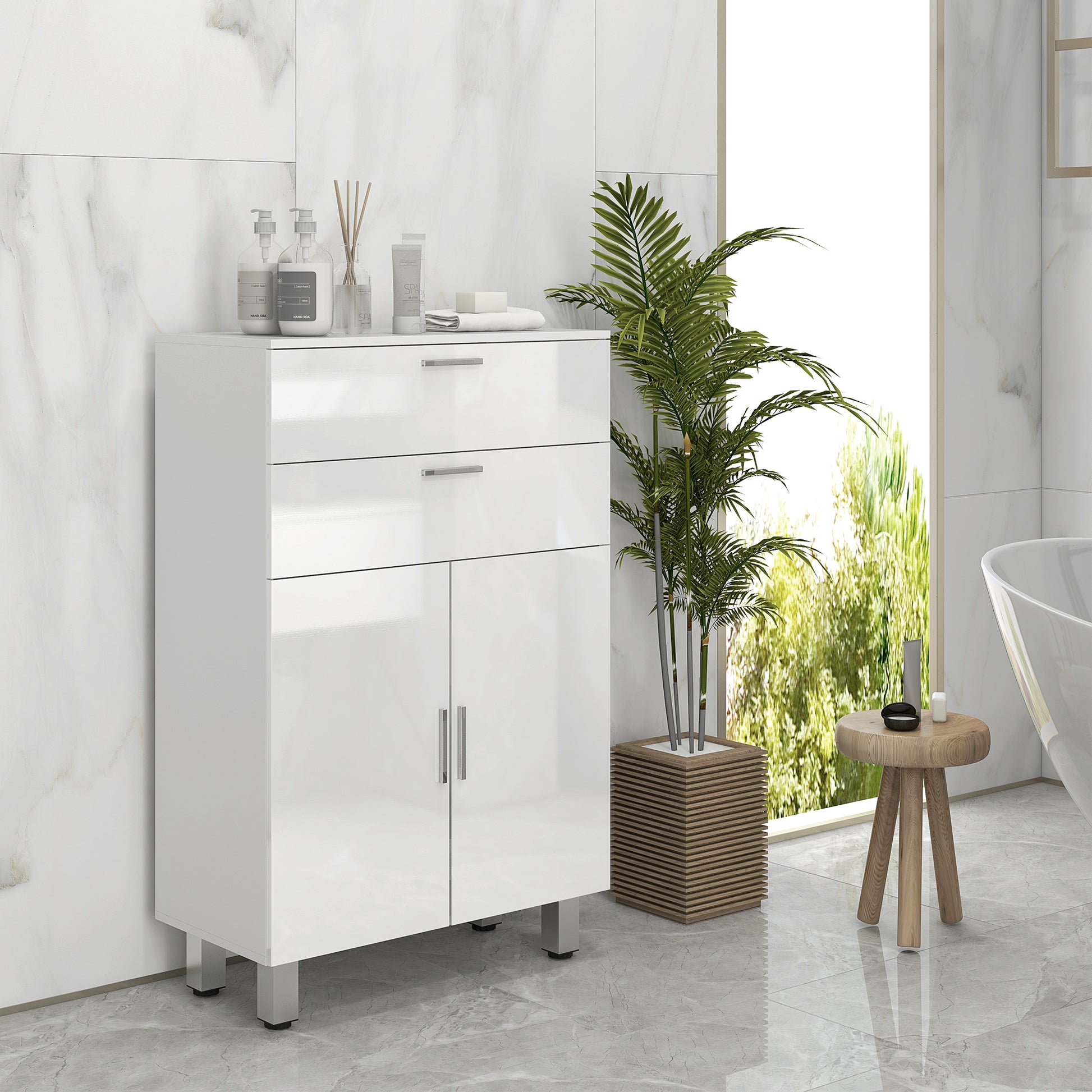 Modern Bathroom Auxiliary Cabinet with 2 Drawers, Shelves Adjustable Bathroom Cabinet Storage Unit for Living Room Bedroom Anti-topple 35 kg 60x30x93 cm High Gloss White