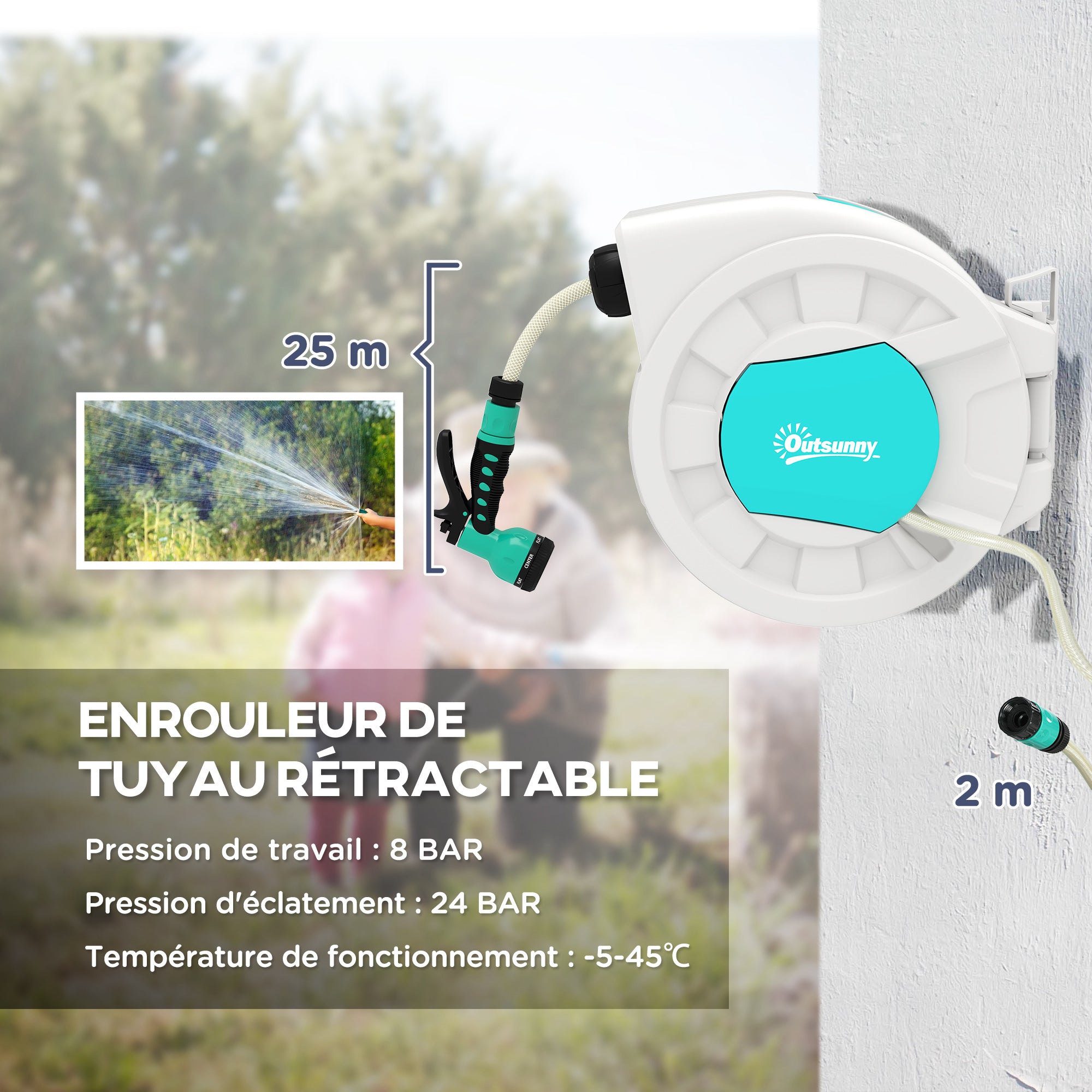 Hose Reel, Hose Reel, 25+2m, with Wall Mount + Handle, 180° Swivel, 7 Watering Options, Light Gray