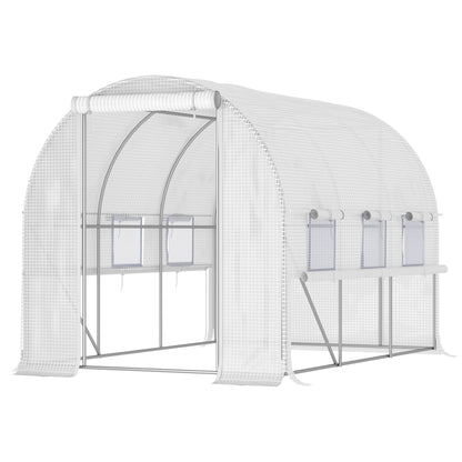 Garden Tunnel Greenhouse, 6m² tunnel greenhouse with 6 roll-up windows and 1 door, PE cover galvanized steel structure, white