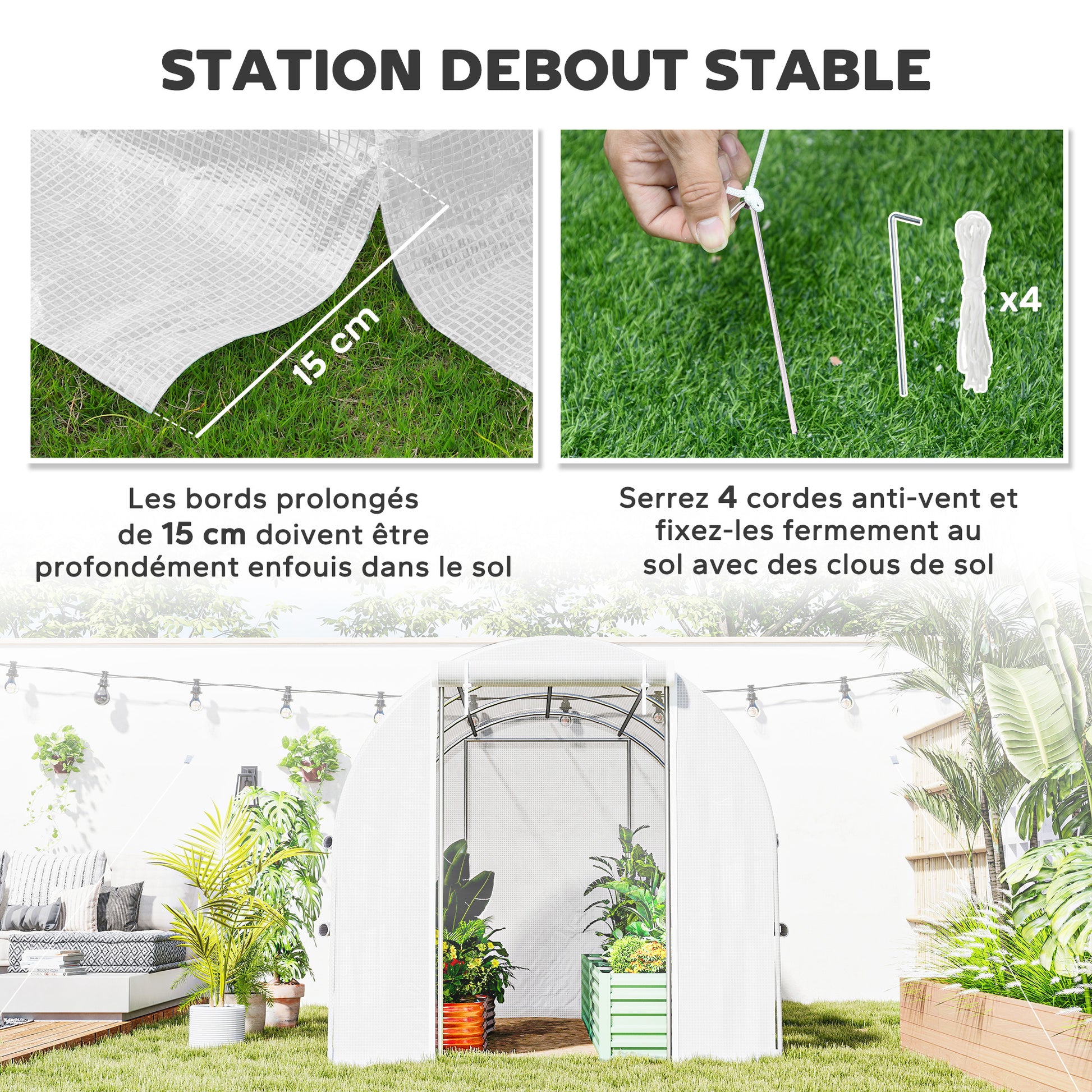 Garden Tunnel Greenhouse, 6m² tunnel greenhouse with 6 roll-up windows and 1 door, PE cover galvanized steel structure, white