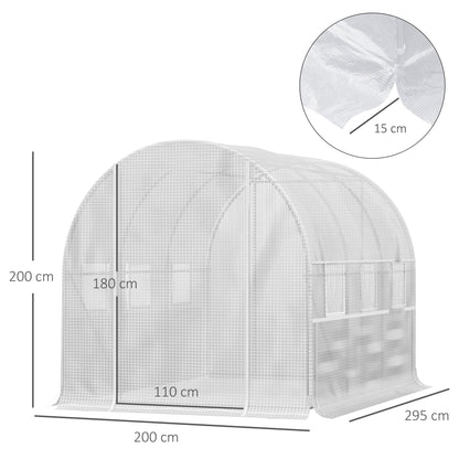 Garden Tunnel Greenhouse, 6m² tunnel greenhouse with 6 roll-up windows and 1 door, PE cover galvanized steel structure, white